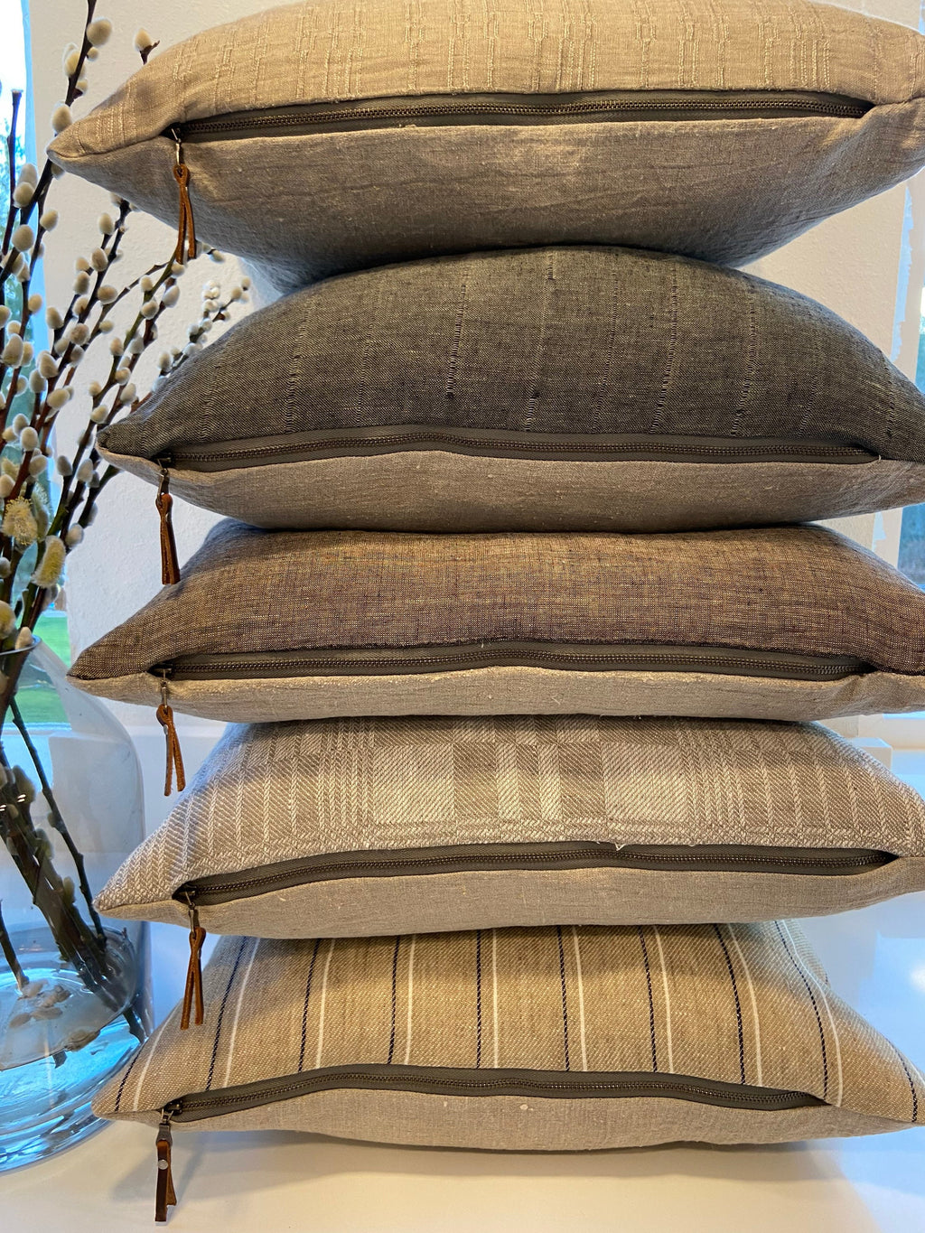 Brown striped linen pillow cover with neutral linen backing exposed zipper 18” 20”22”24”housewarming gift handcrafted by misa 100% linen