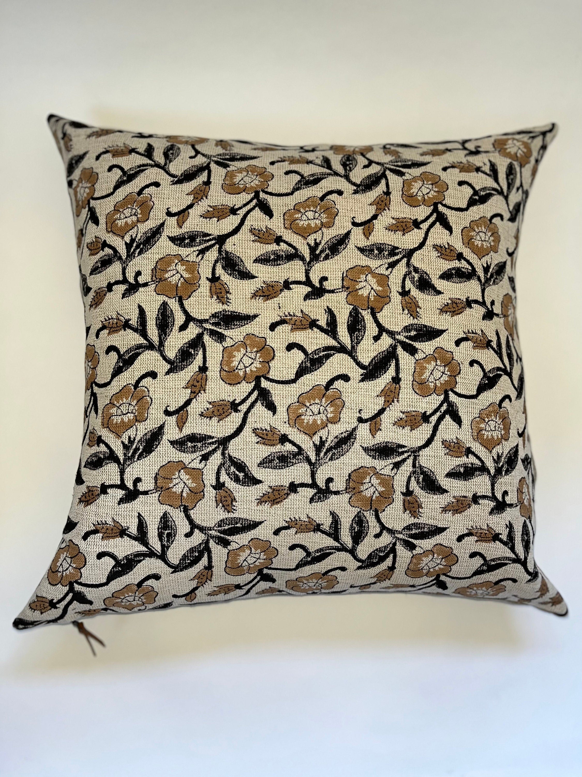 Black and tan floral linen pillow cover exposed zipper-leather pull  14x24 20”22"24” high quality floral pillow