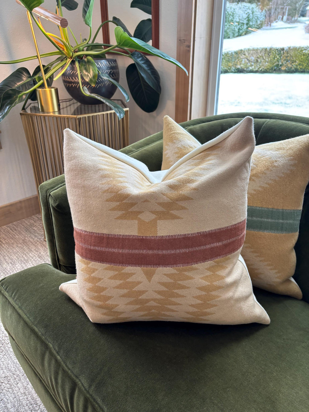 Wool Pillow Cover: Aztec Southwestern Design Golds and Rust with Leather Pull (18x18”)