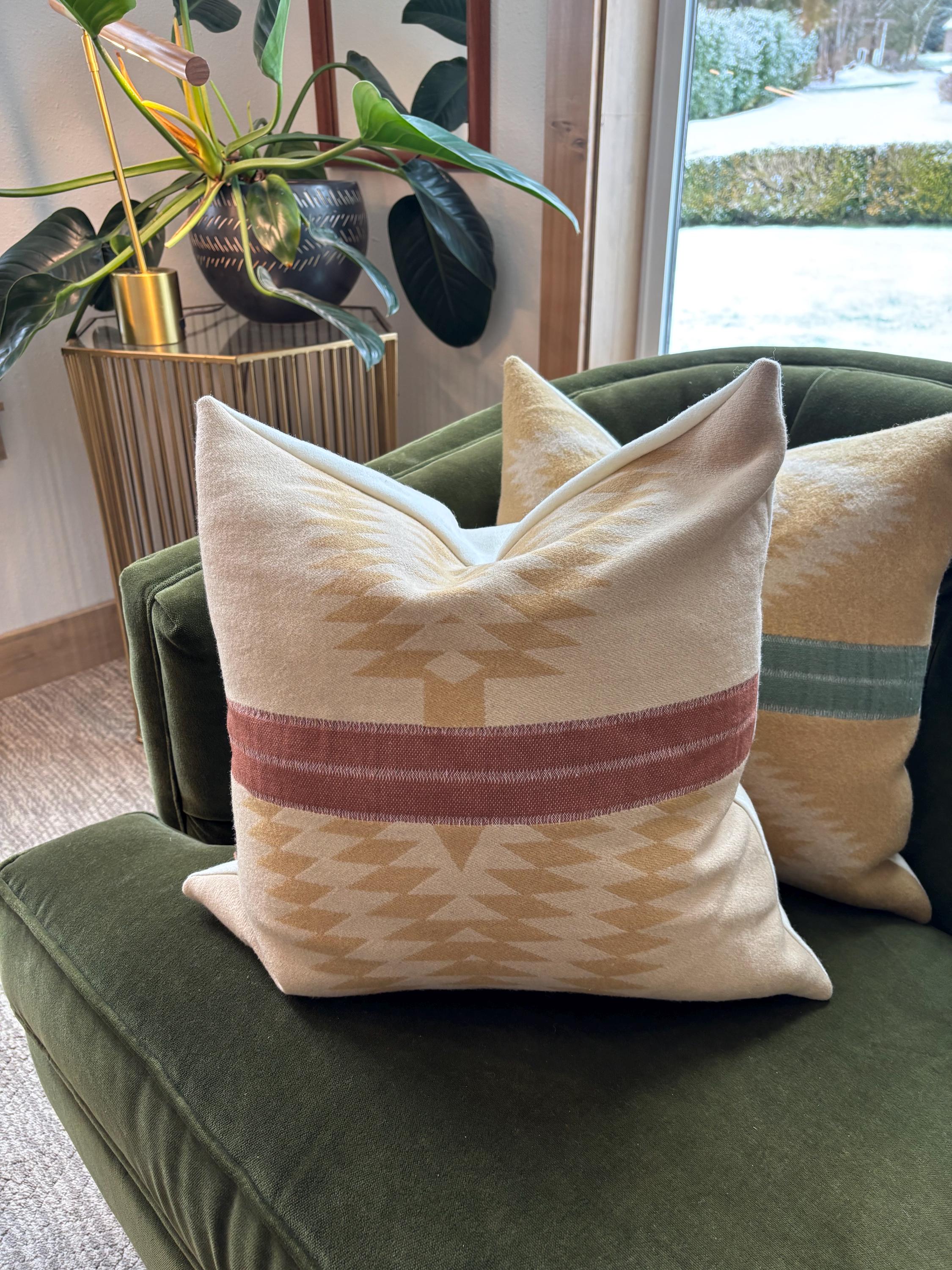 Wool Pillow Cover: Aztec Southwestern Design Golds and Rust with Leather Pull (18x18”)