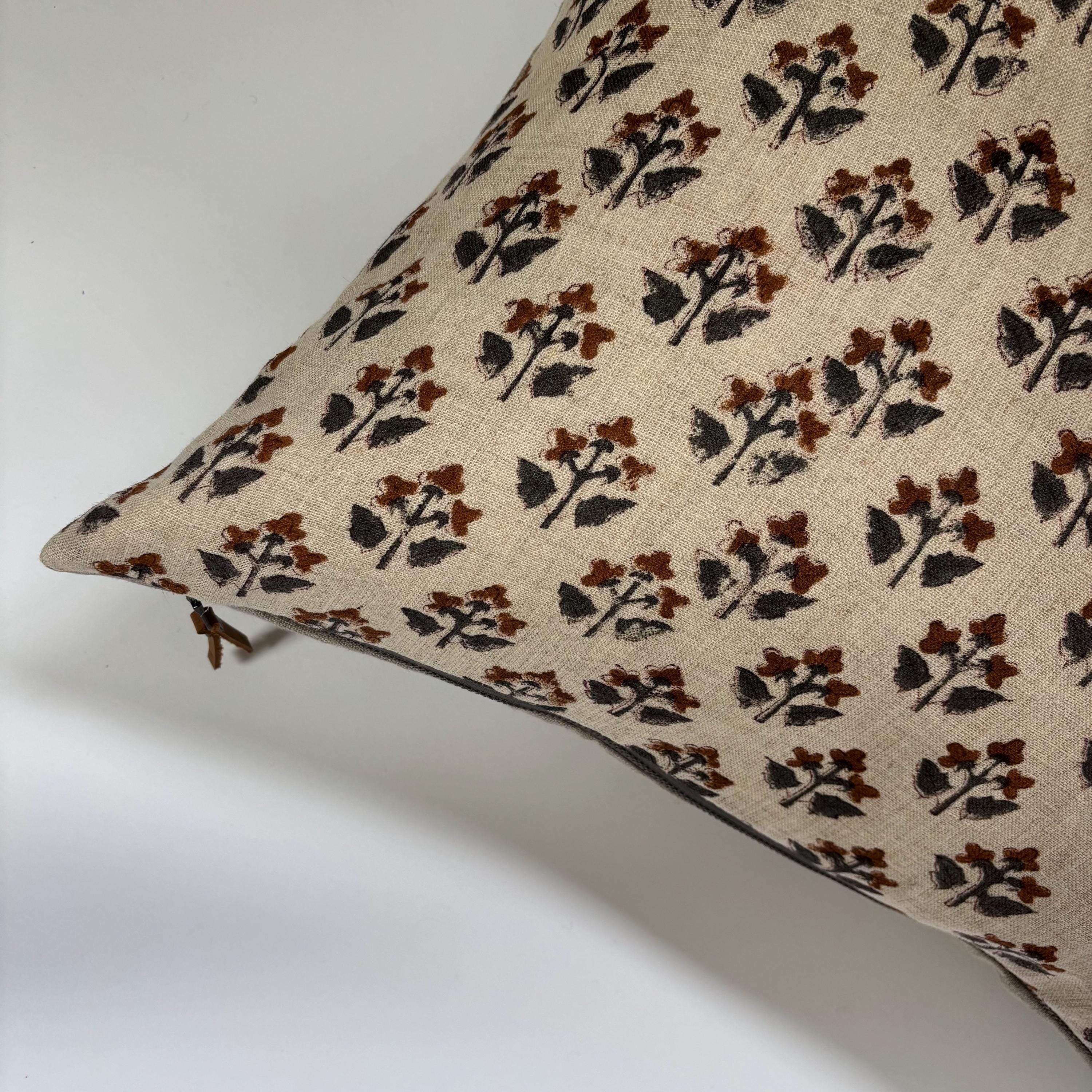 Floral Linen Pillow Cover: Gray Brown Print, Leather Zipper Pull