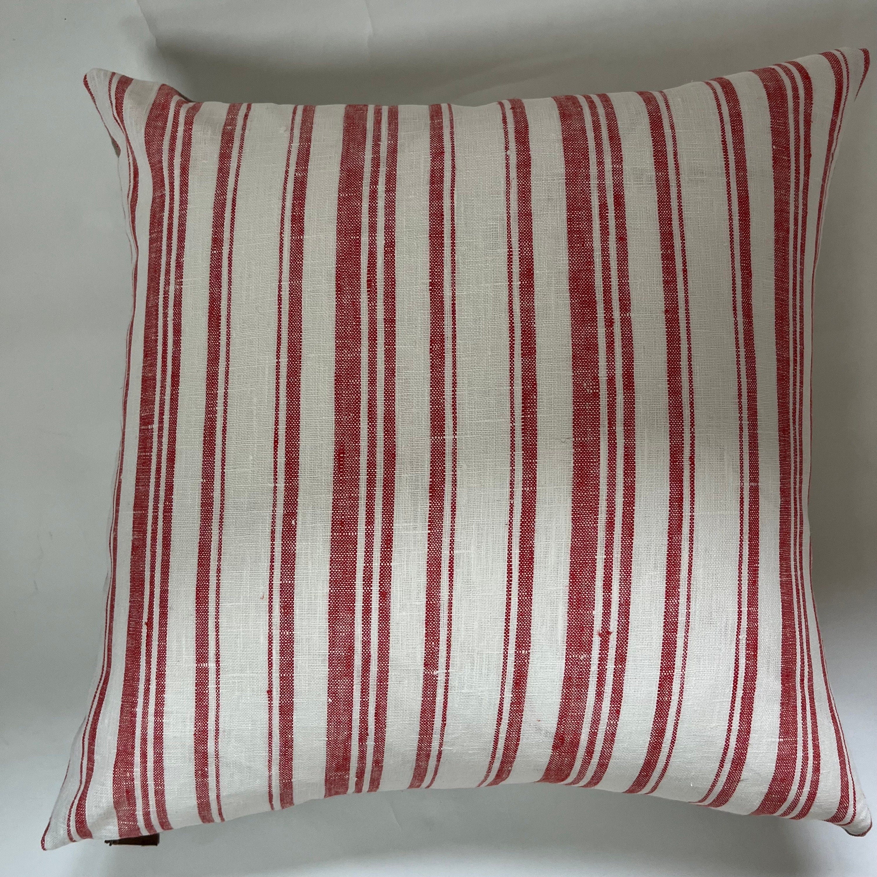 Red Striped Linen Pillow Cover: Exposed Zipper, Leather Pull (18x18)