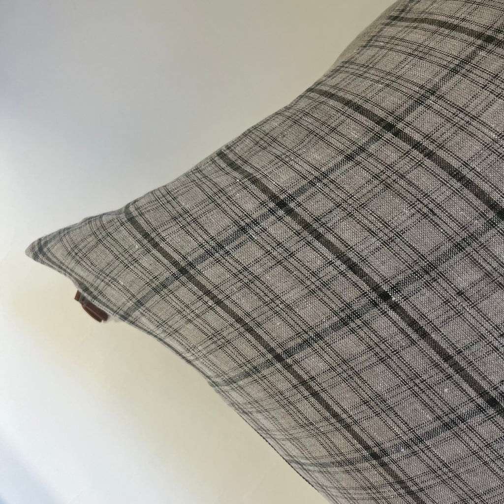 Plaid Linen Pillow Cover: Tan Green Throw Pillow with Leather Pull