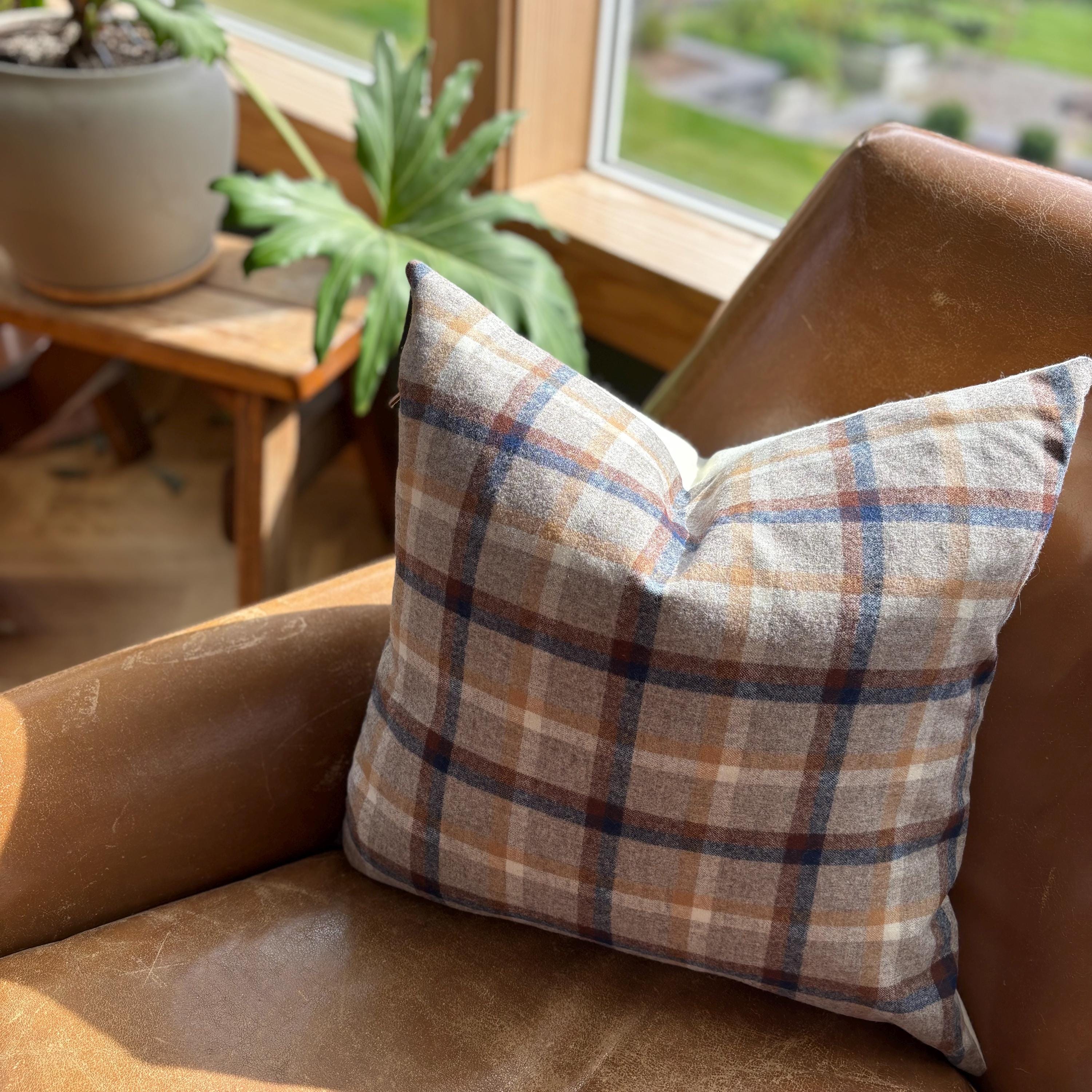 wool plaid pillow cover blue and browns fall pillow 18”20”22”24” 14x24 housewarming gift