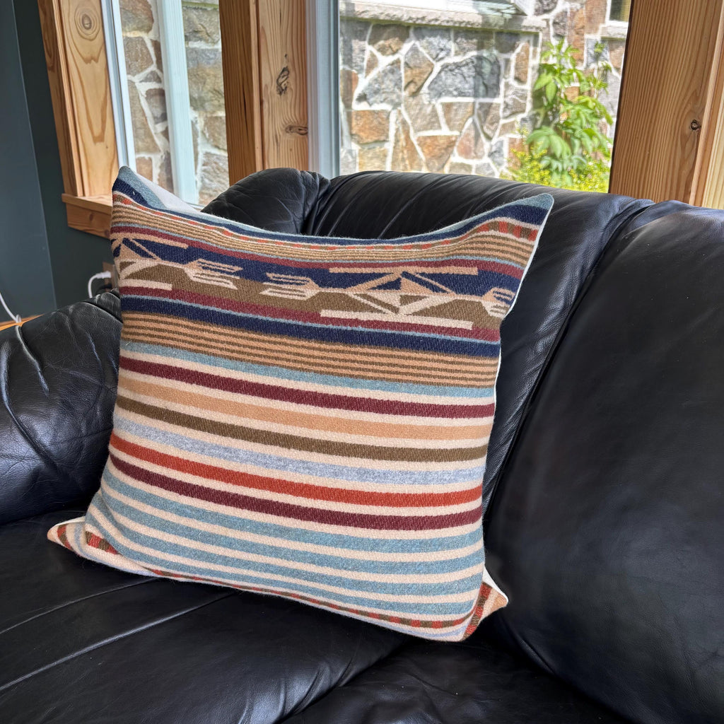 Wool Pillow Cover: Tans and rust striped Aztec Design, Leather Pull (20x20)
