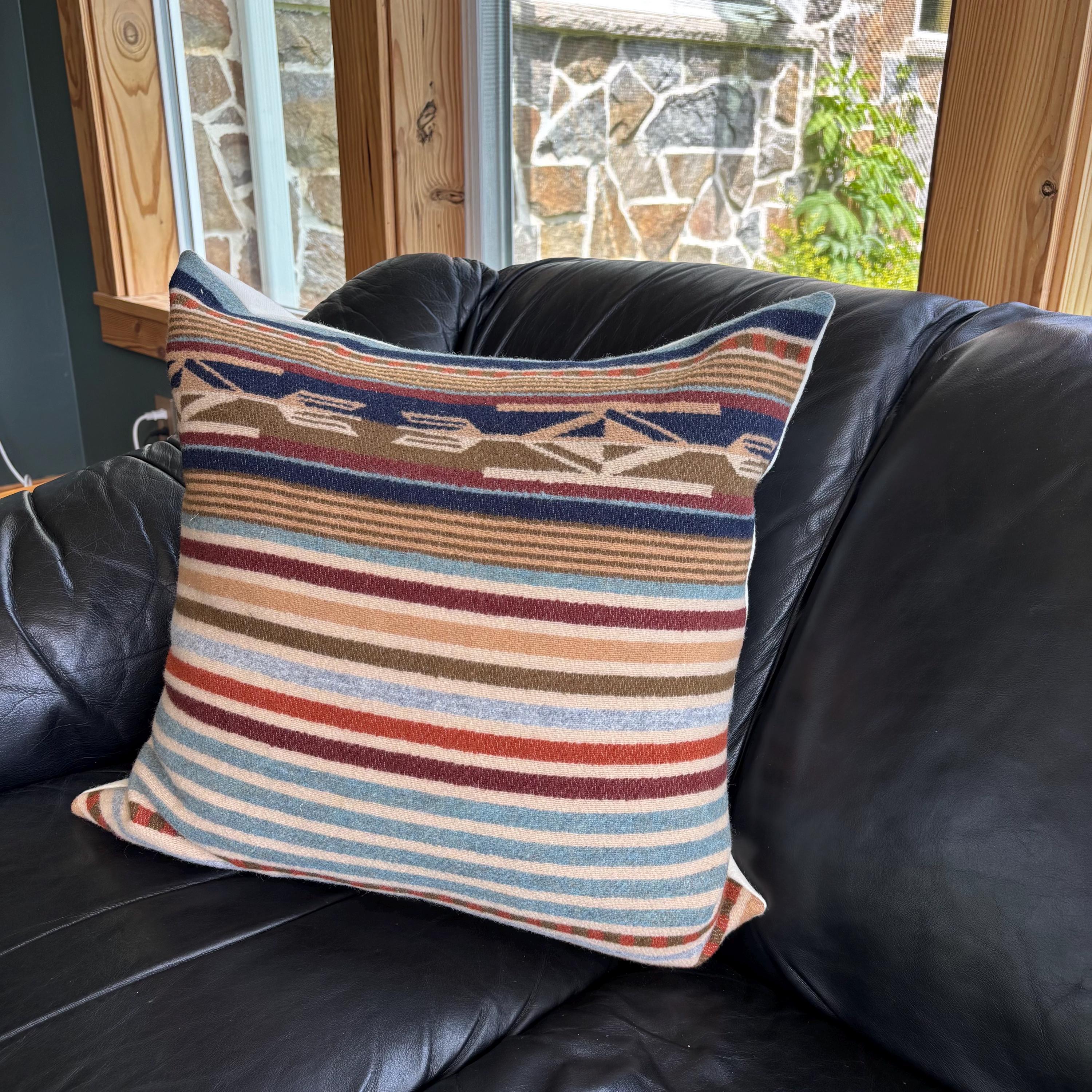 Wool Pillow Cover: Tans and rust striped Aztec Design, Leather Pull (20x20)