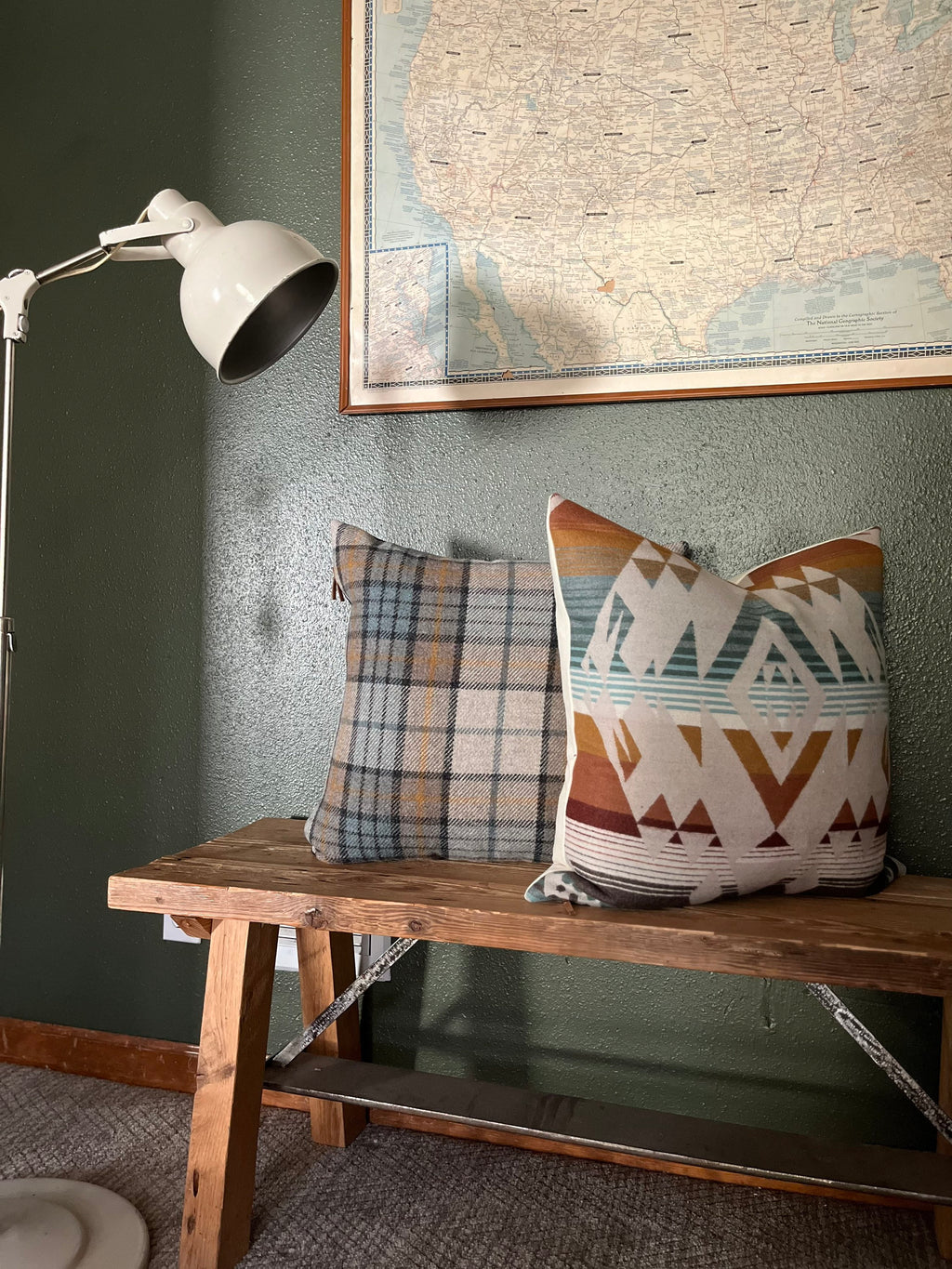 Black blue cream plaid wool pillow cover exposed zipper-leather pull 20"22" 24"14x24" handmade