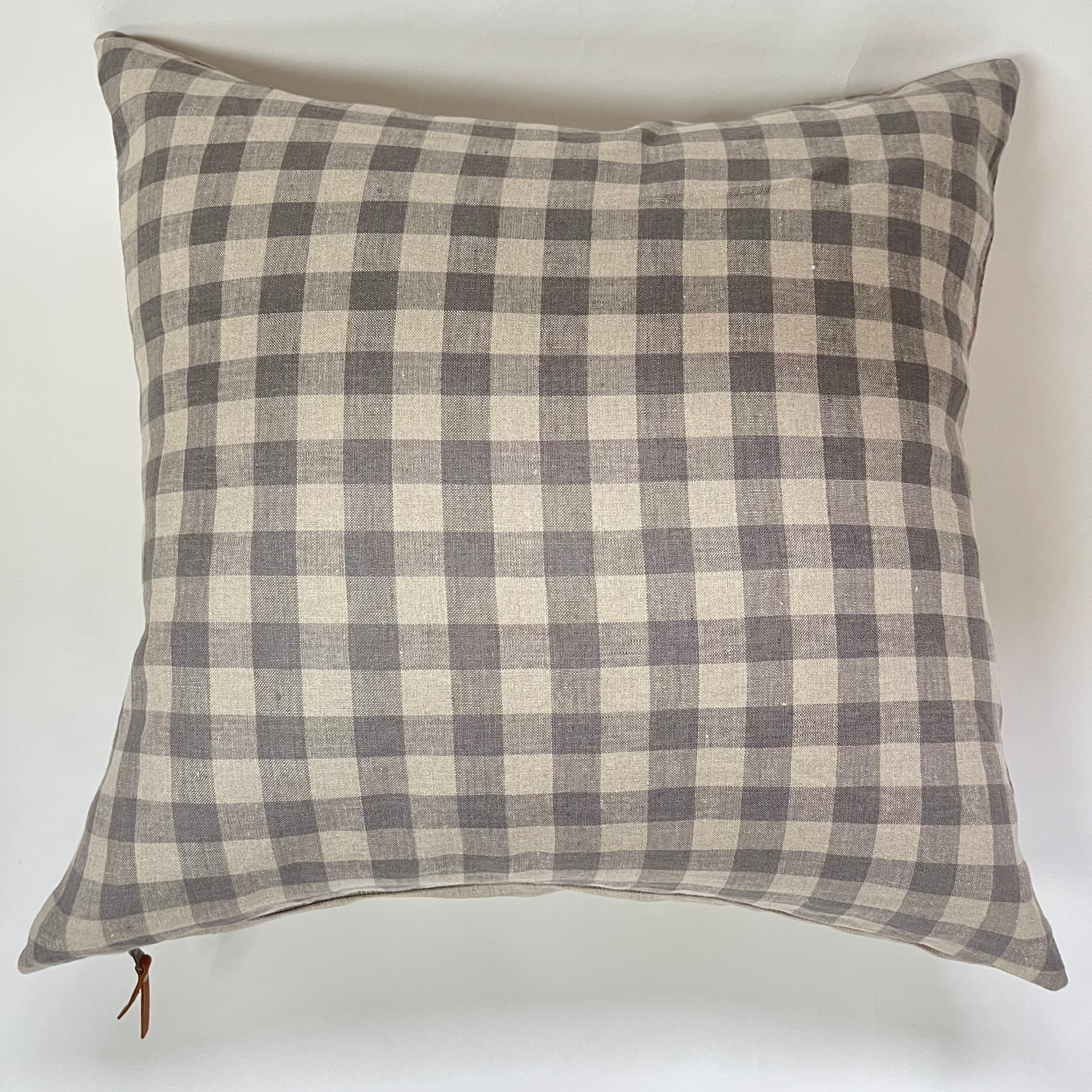 Gray linen gingham pillow exposed zipper checkered pillow leather pull 24x24” 22x22" 20x20” 14x24” 100% linen housewarming gift