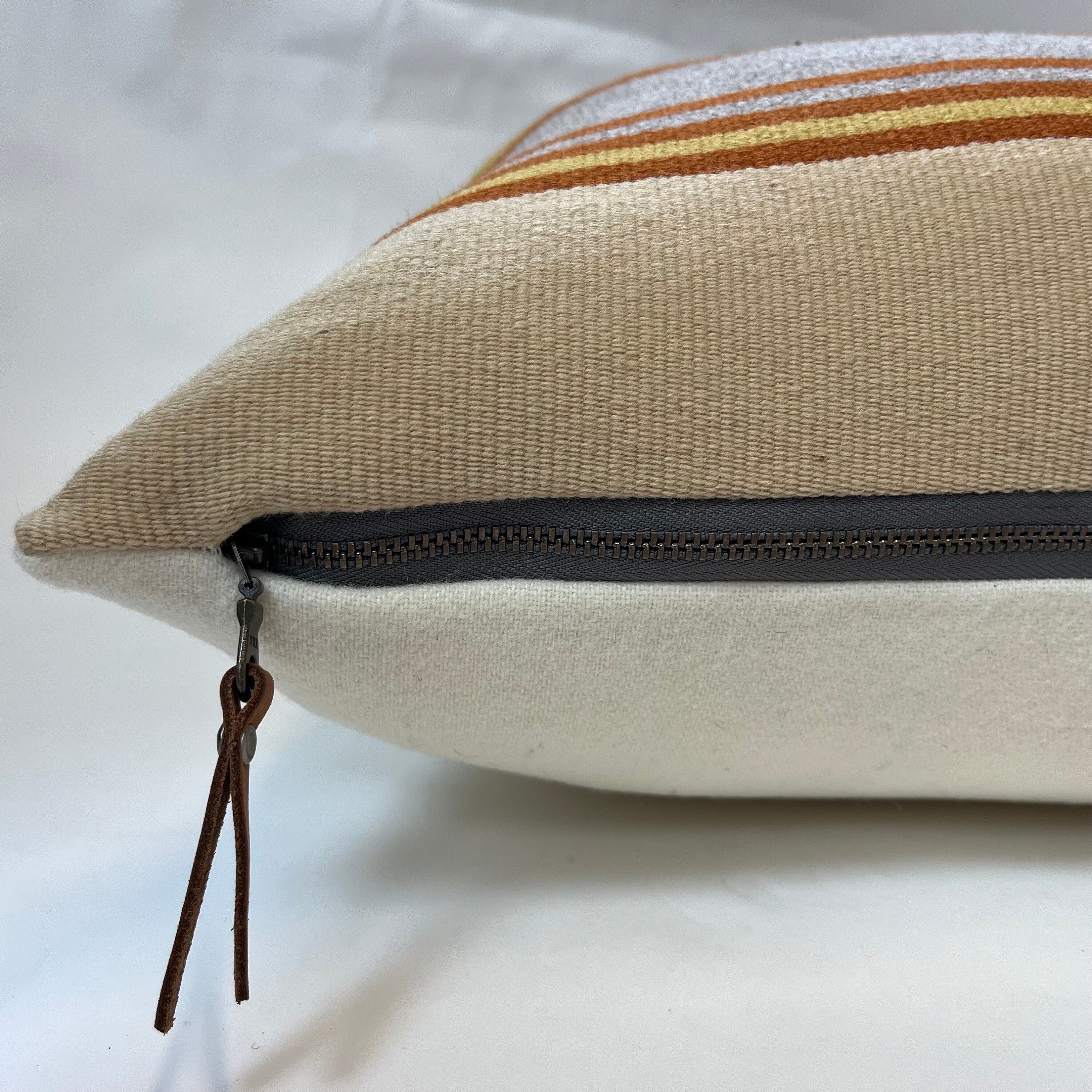 Striped Wool Pillow Cover: Orange and Summer Colors, Leather Pull