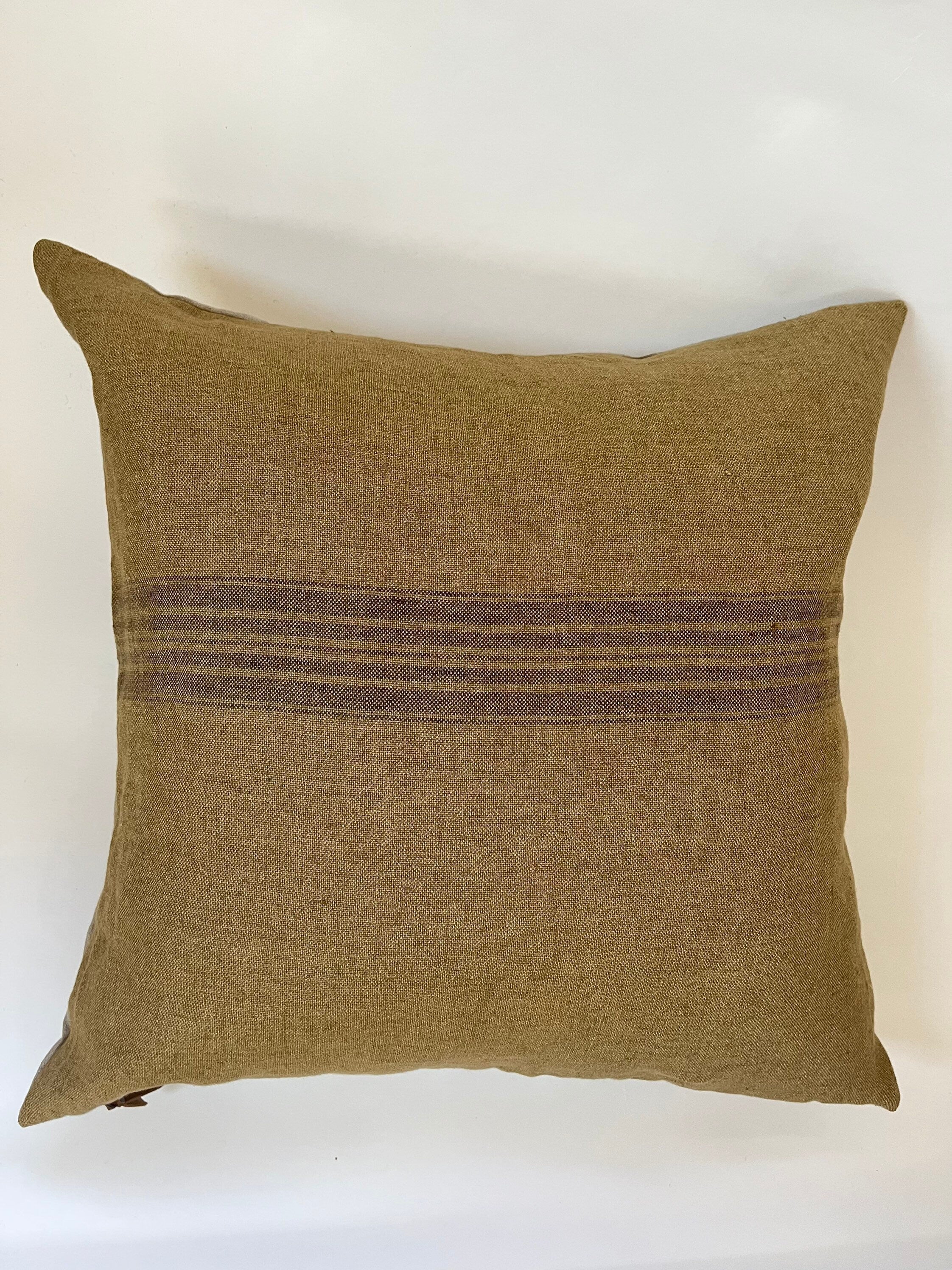 Gold with brown striped linen pillow cover 100% linen pillow exposed zipper-leather pull 14x24 20x20 high quality housewarming gift