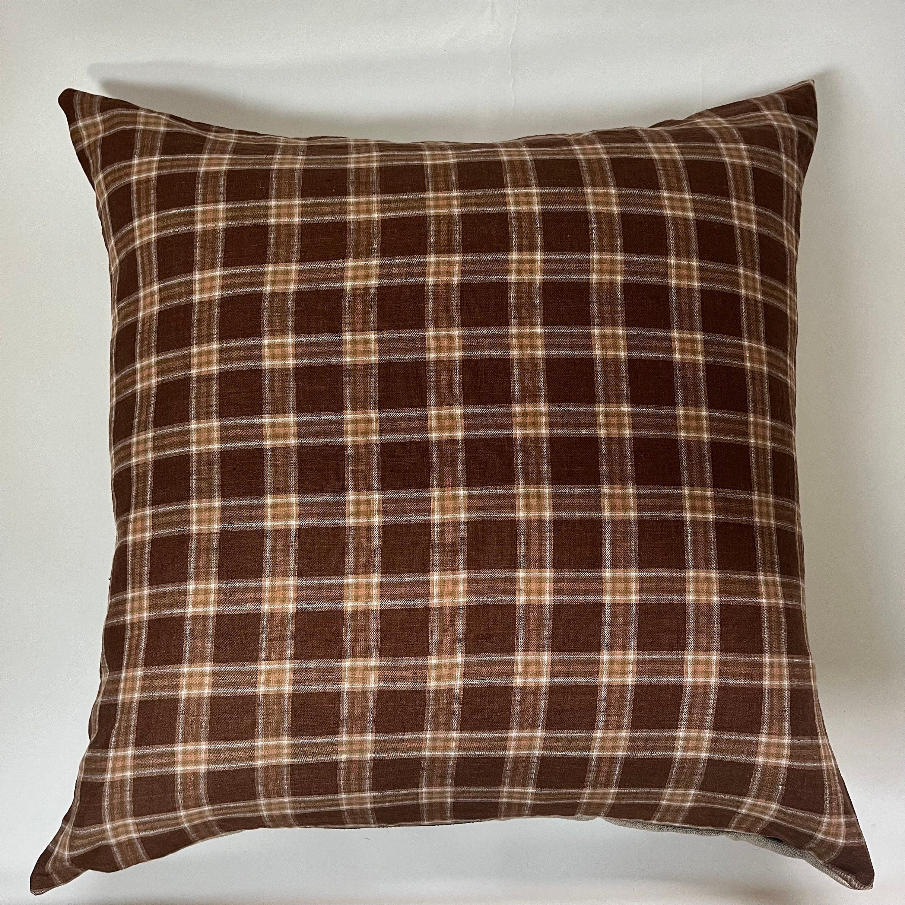 Handcrafted Brown Plaid Linen Pillow Cover: Exposed Zipper, Leather Pull