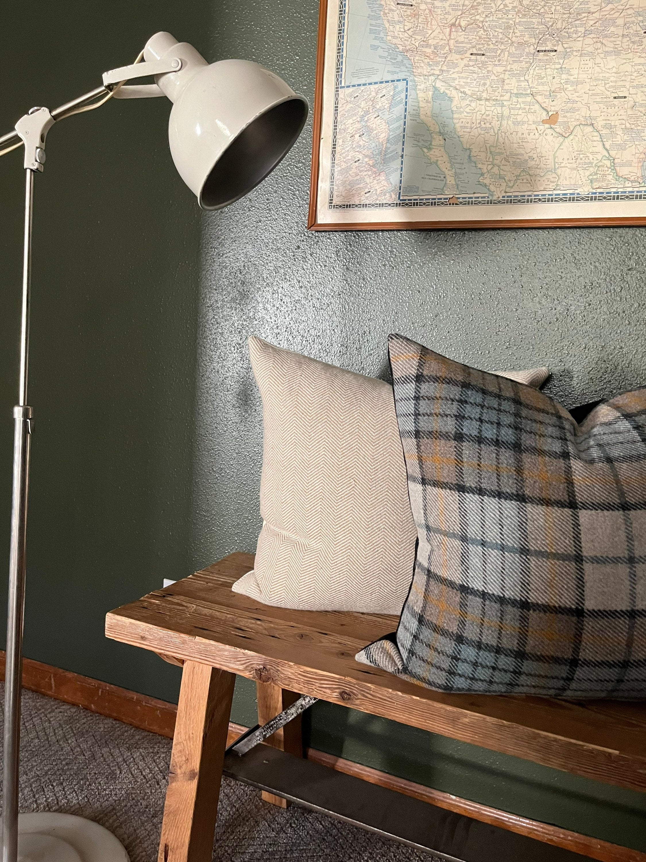 Black blue cream plaid wool pillow cover exposed zipper-leather pull 20"22" 24"14x24" handmade