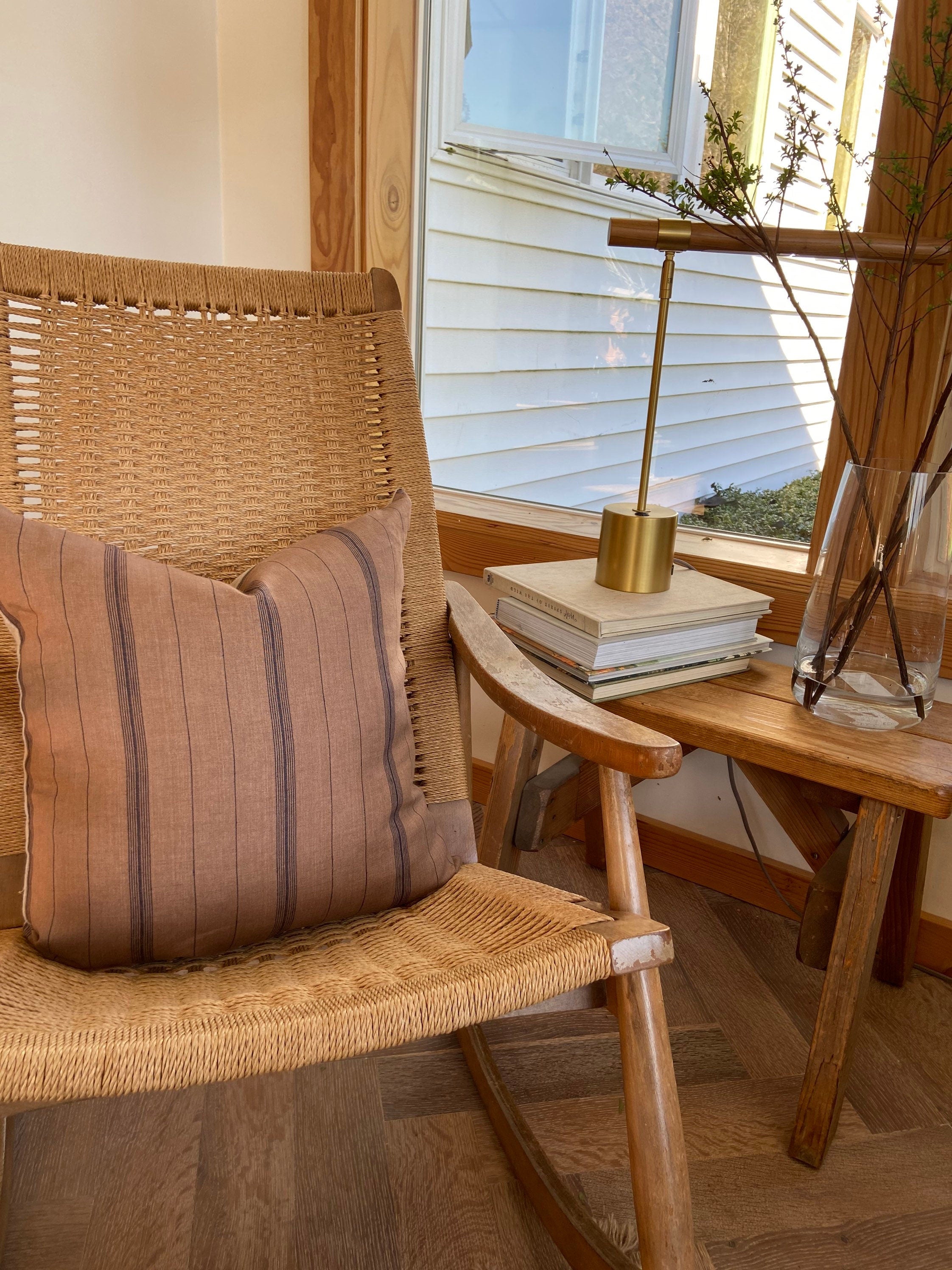 Striped Linen Pillow Cover: Navy Blue and Brown with Leather Pull