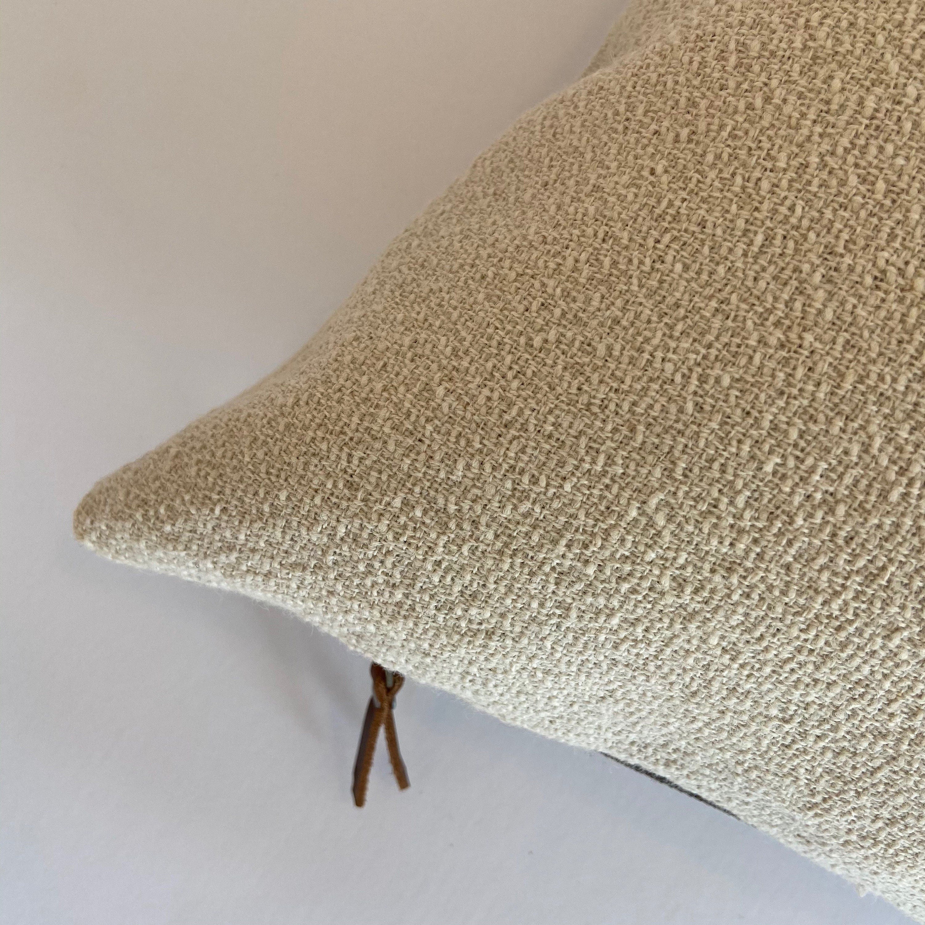 cream boucle wool pillow cover exposed zipper-leather pull 14x24 20” 22” 24” handmade