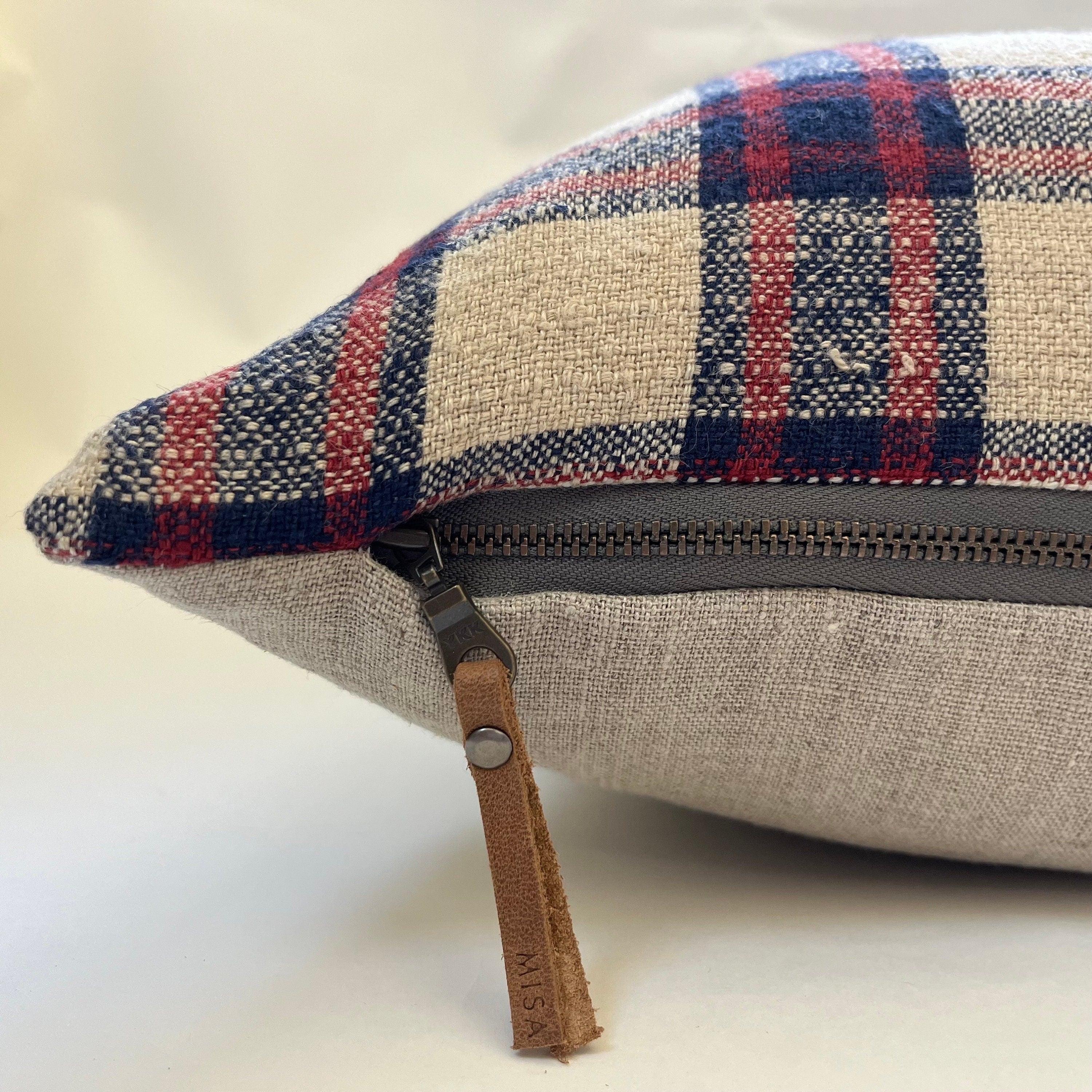 Plaid Linen Pillow Cover: Red, Blue, Cream Windowpane, Exposed Zipper