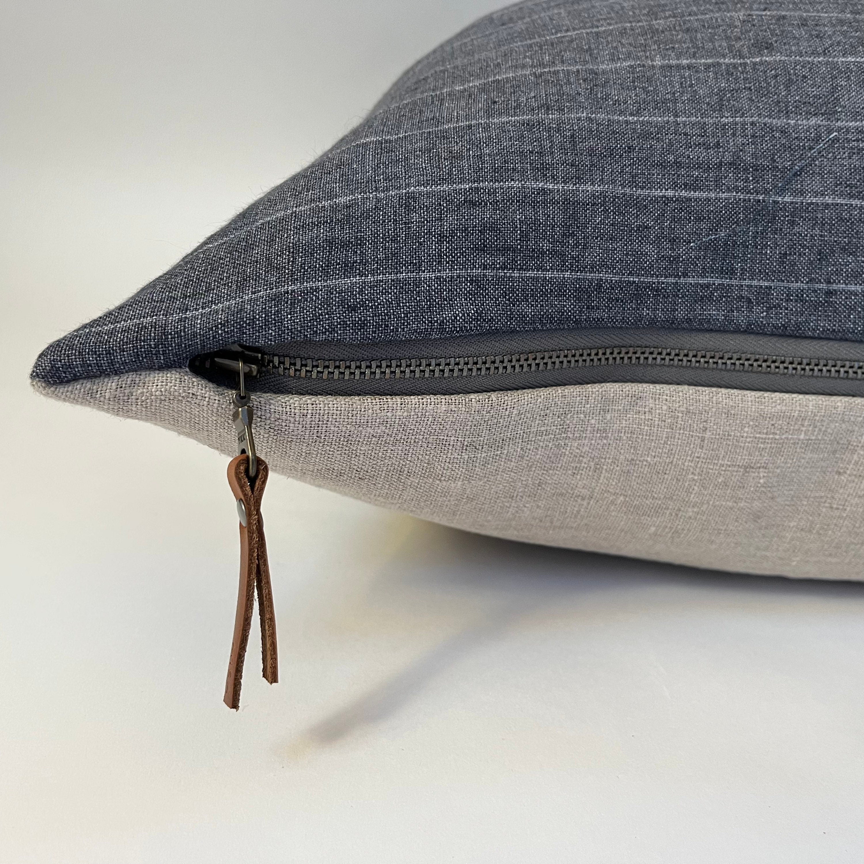 Dark gray striped linen pillow cover exposed zipper-leather pull  14x24 20x20 24x24 high quality 100% linen housewarming gift
