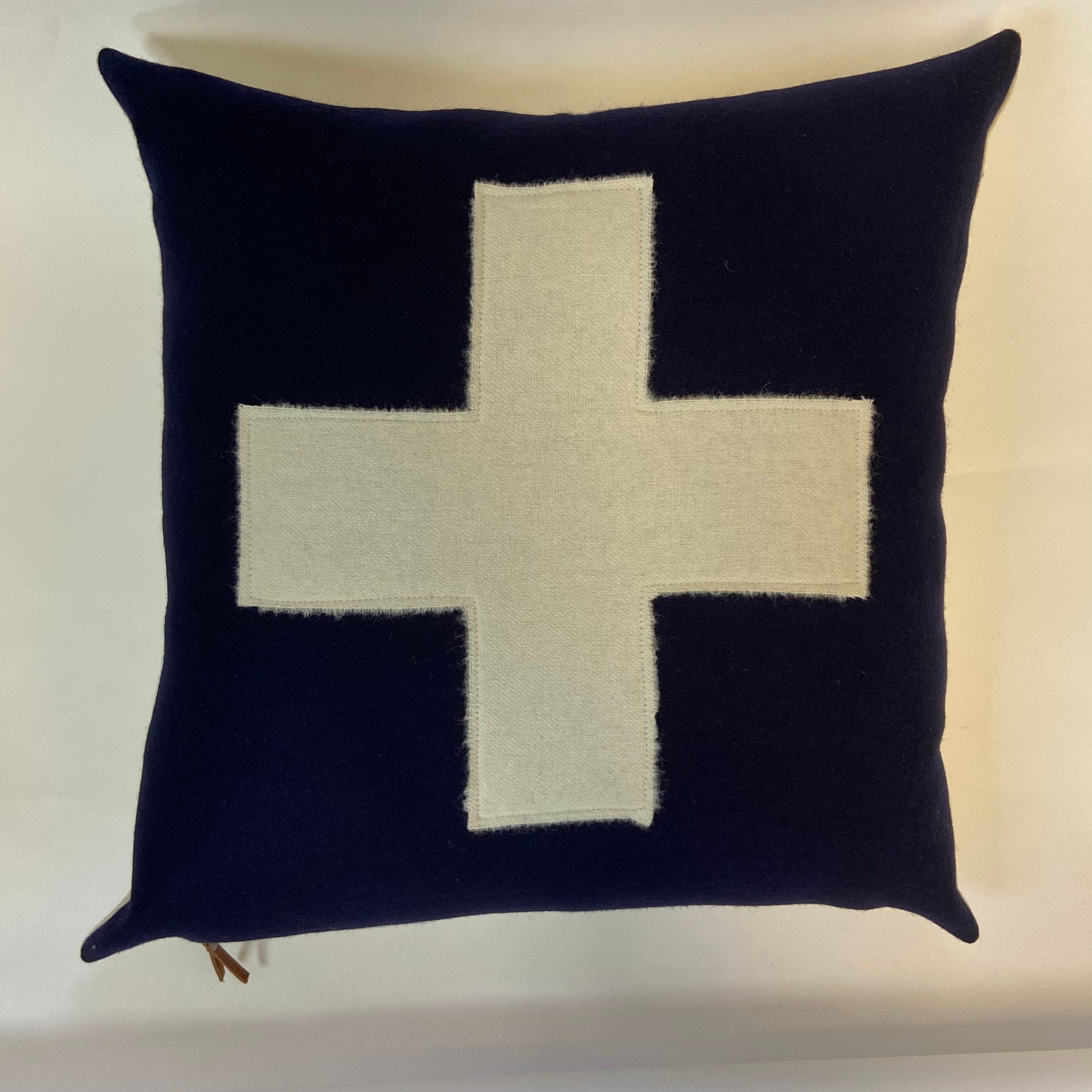 Swisscross blue pillow royal blue pillow cover wool pillow exposed zipper-leather pull 20x20 24x14 lumbar handmade