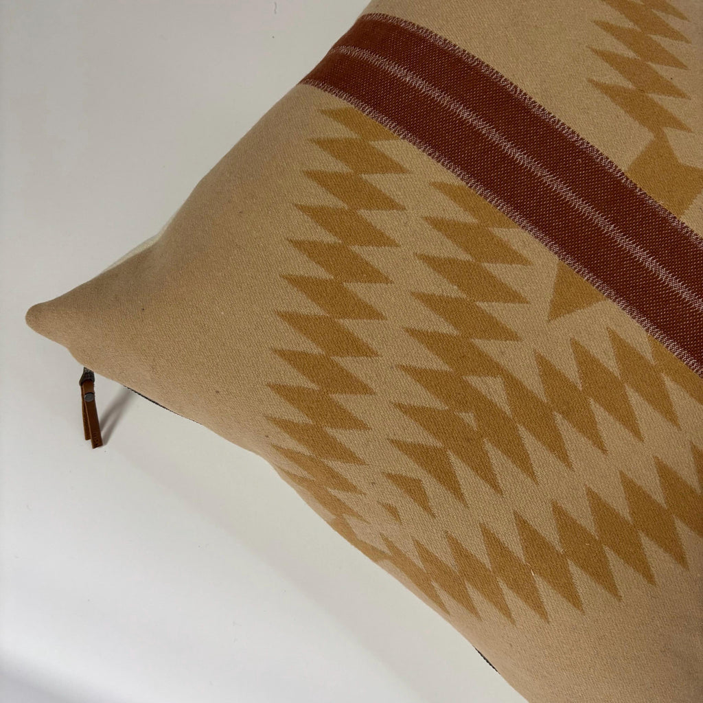 Wool Pillow Cover: Aztec Southwestern Design Golds and Rust with Leather Pull (18x18”)