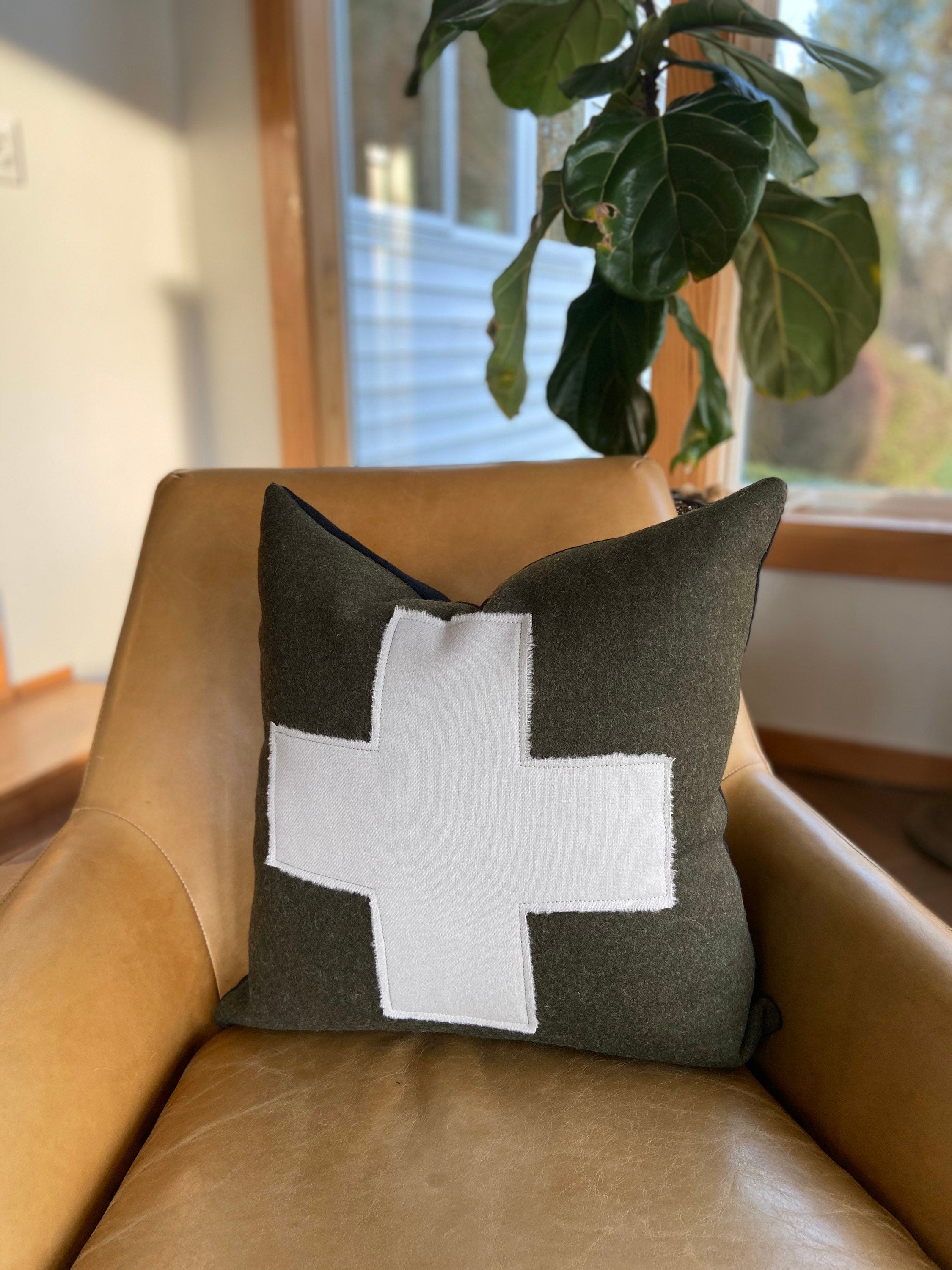 Swisscross pillow cover army green with cream swisscross exposed zipper-leather pull 20x20 or 24x14 lumbar handmade