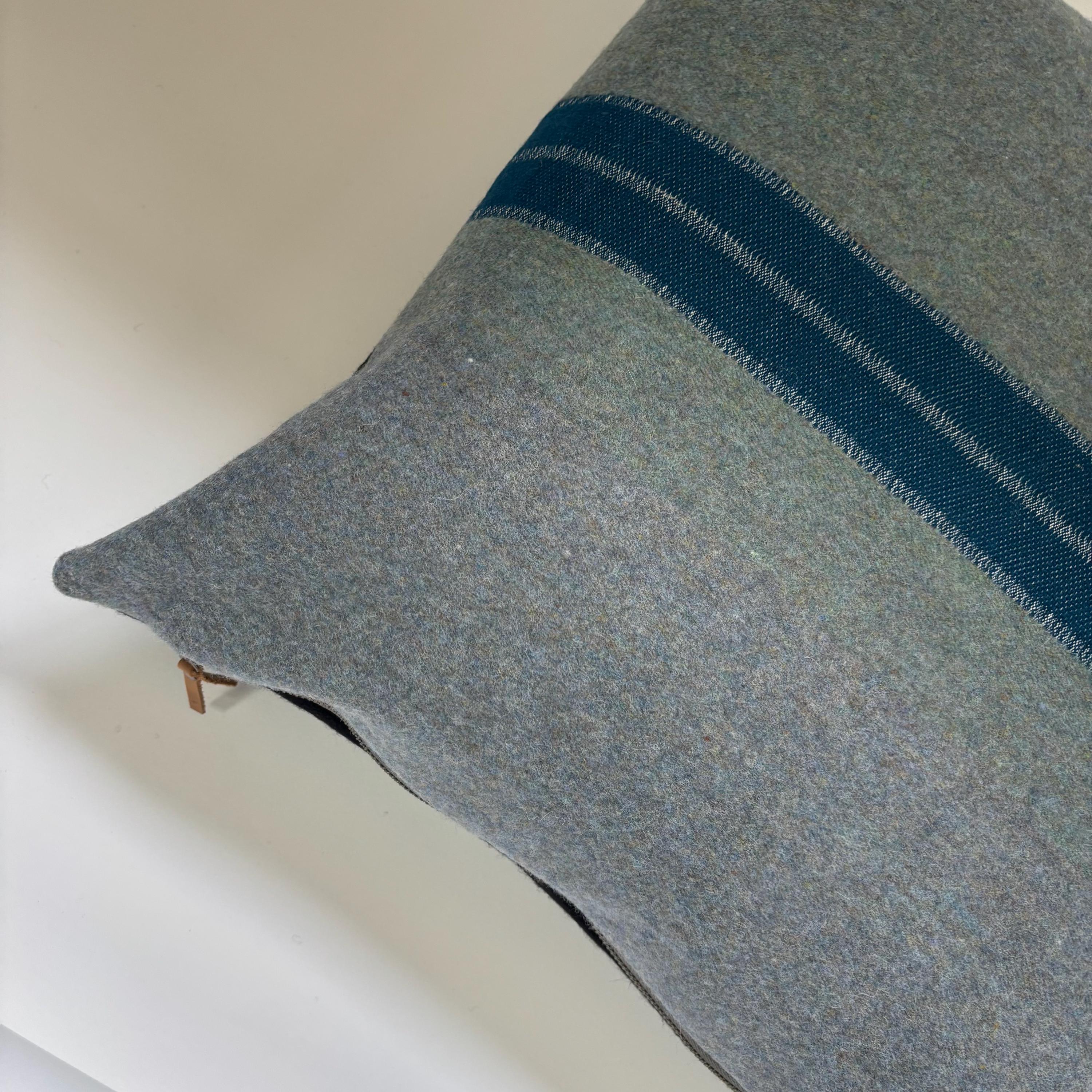 Blue striped wool pillow 18x18 exposed zipper with a leather pull housewarming winter pillow
