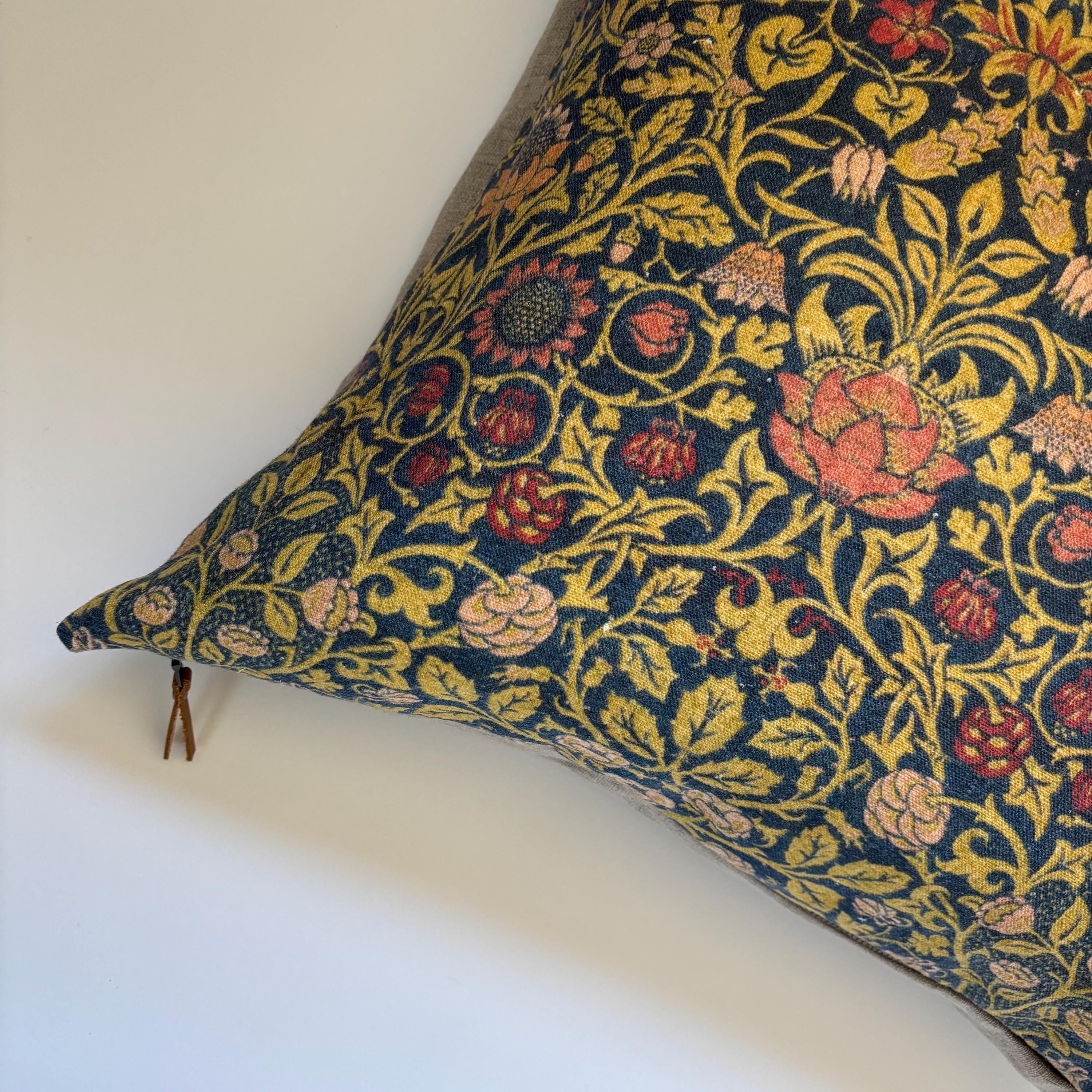 William Morris Floral Linen Pillow Cover: Blue & Yellow with Leather Pull