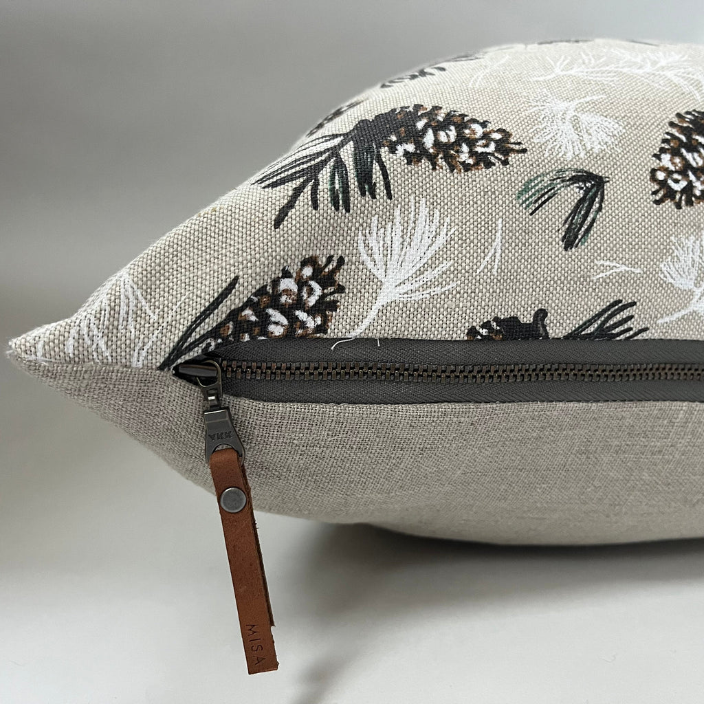 Christmas pillow pine cone winter  linen pillow cover exposed zipper-leather pull  14x24 20x20 forest scene housewarming gift