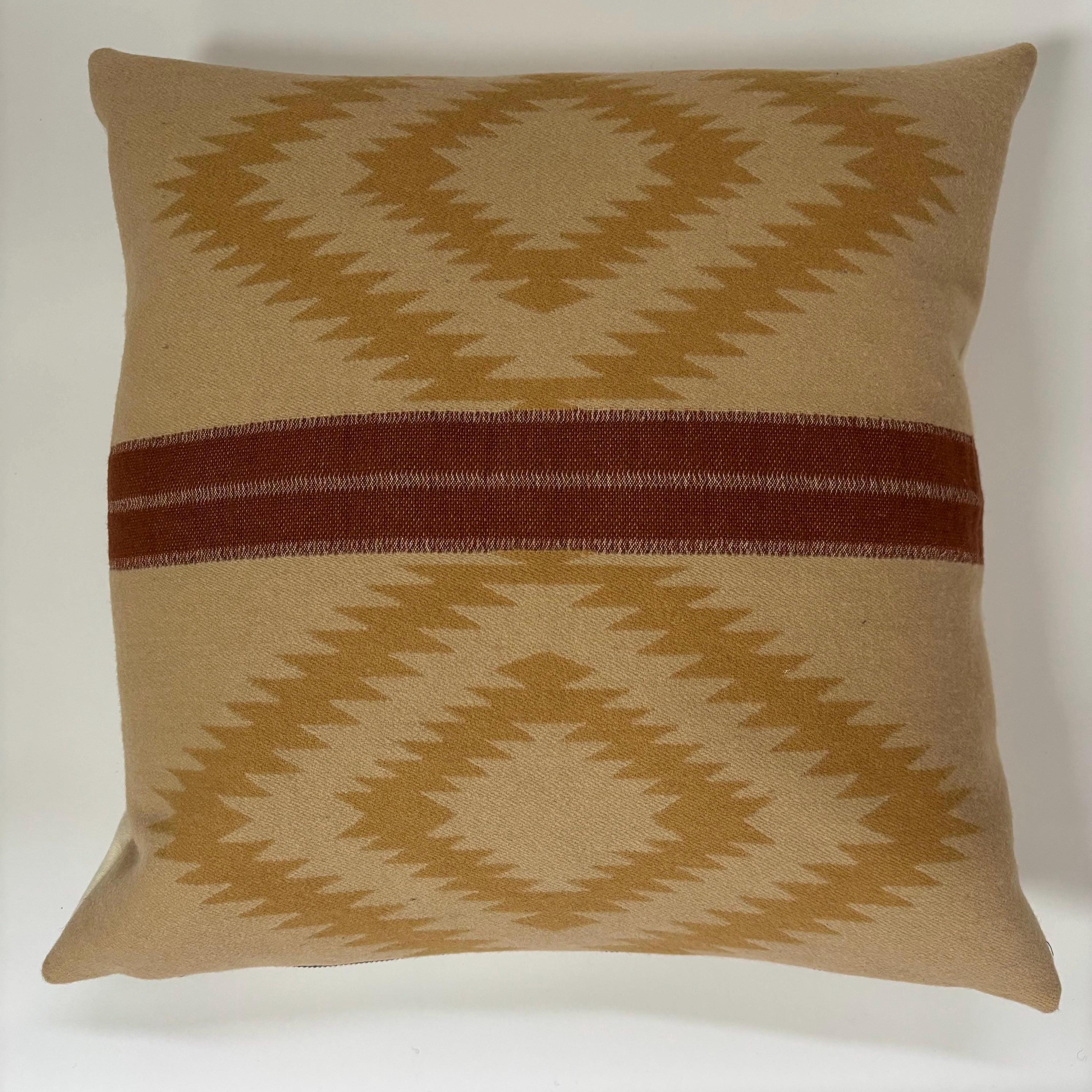 Wool Pillow Cover: Tan Aztec Southwestern Design, Leather Pull (18x18”)