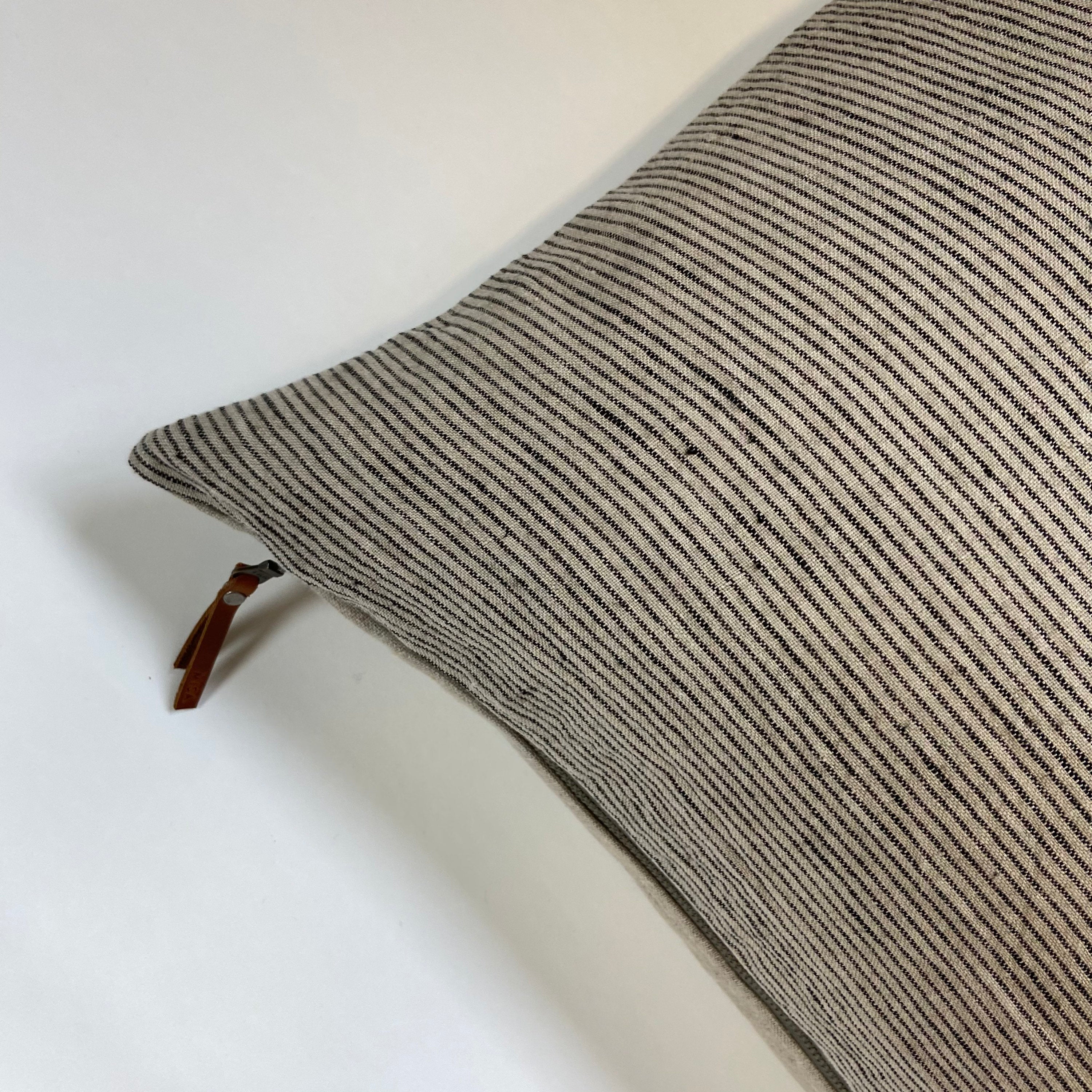 Blue striped linen pillow cover exposed zipper-leather pull 14x24 18” 20"22" 24"high quality 100% linen housewarming gift