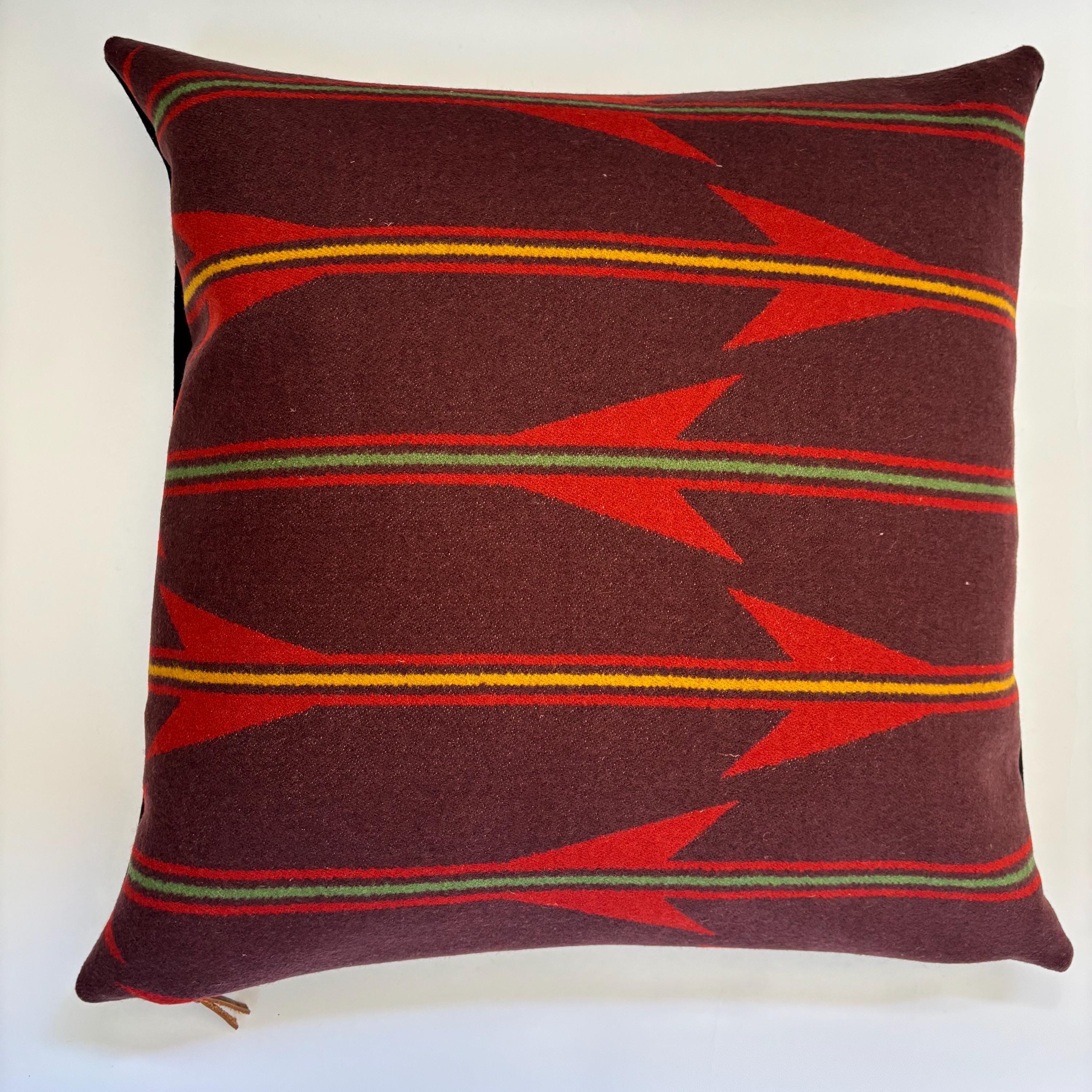 Maroon Striped wool throw Pillow with Leather Pull