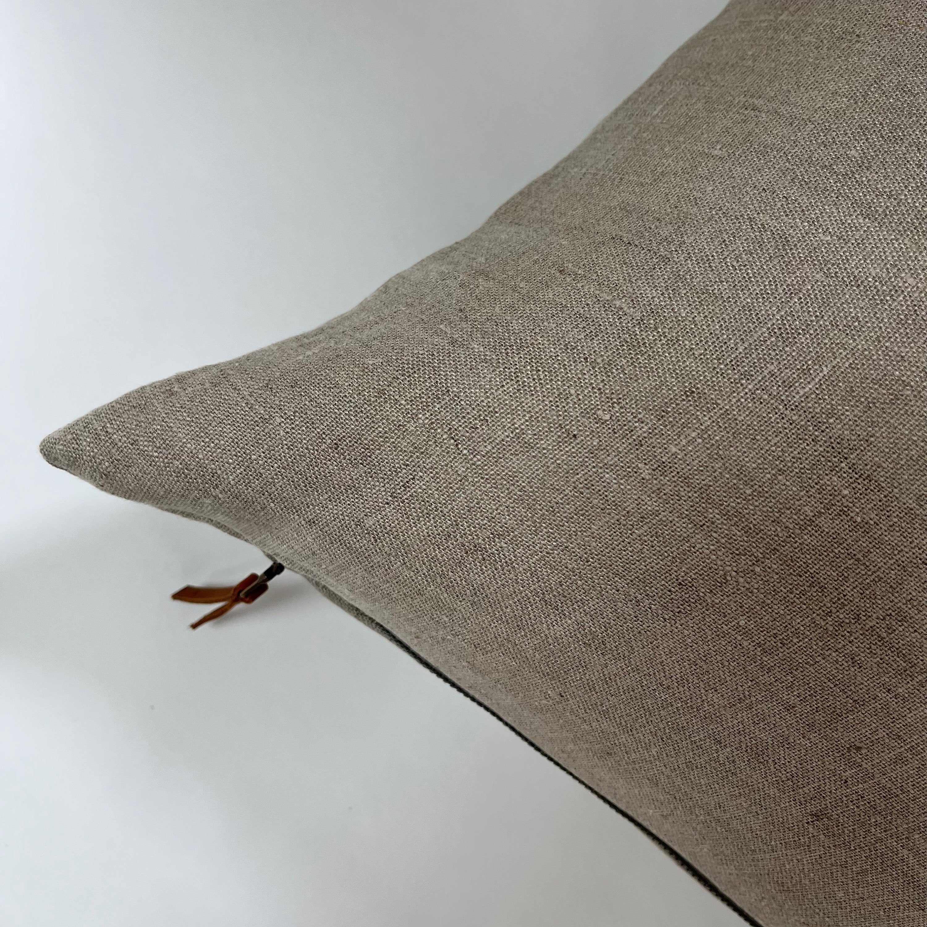 Natural Linen Pillow Cover: Exposed Zipper, Leather Pull (20x20, 24x24, 14x24 Lumbar)