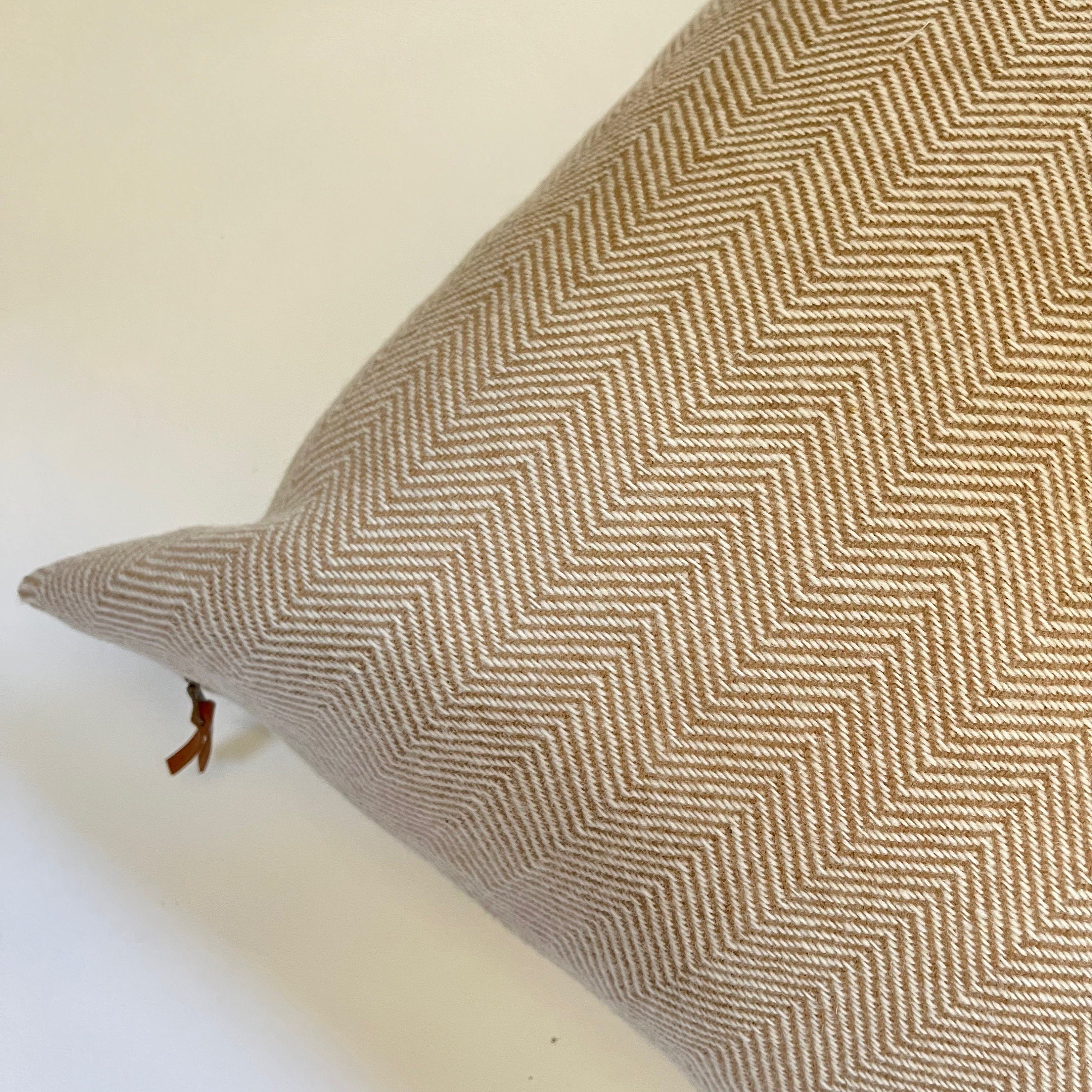 Tan and cream herringbone wool pillow cover exposed zipper-leather pull 20x20 22x2214x24 24x24 handmade Handcrafted by misa