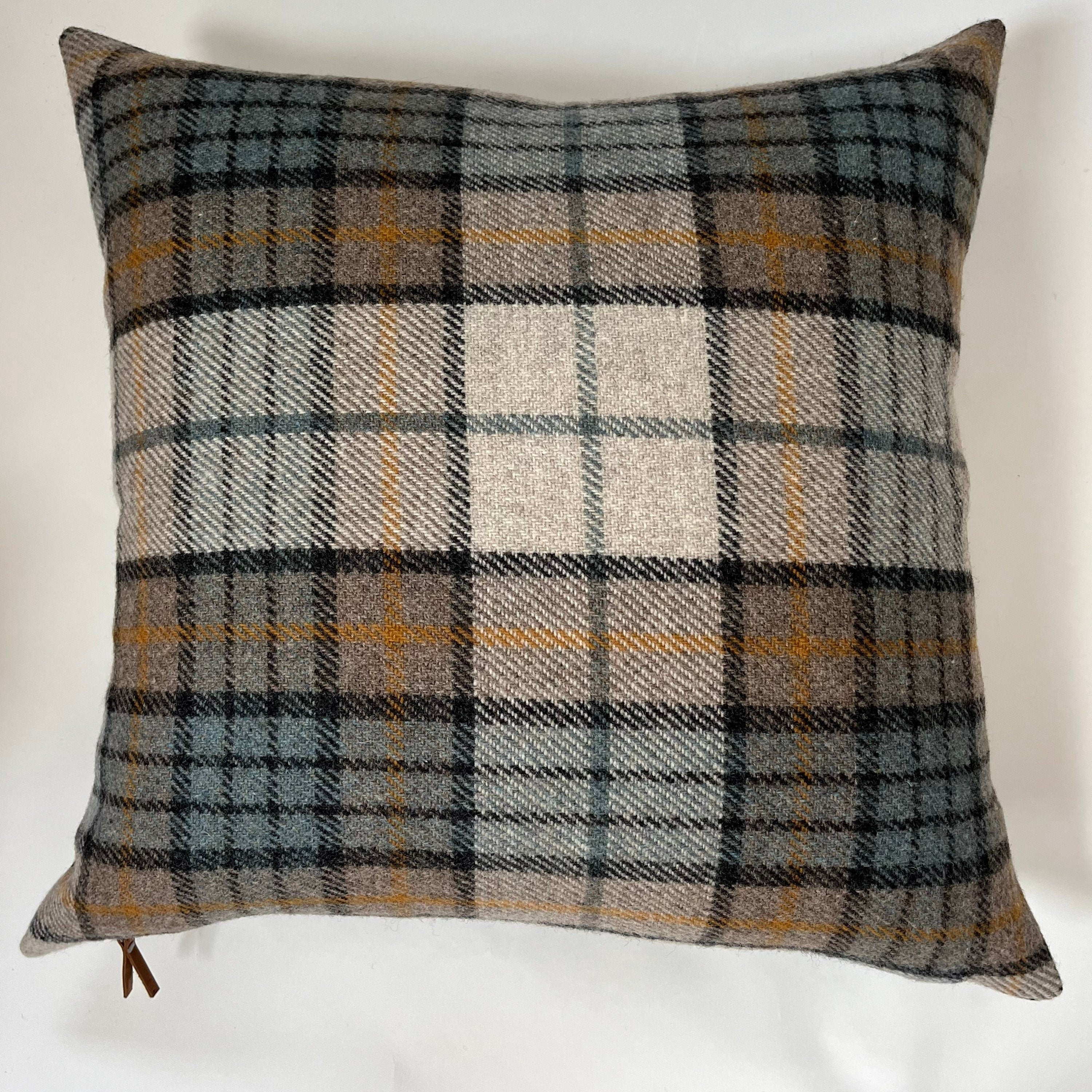 Black blue cream plaid wool pillow cover exposed zipper-leather pull 20"22" 24"14x24" handmade