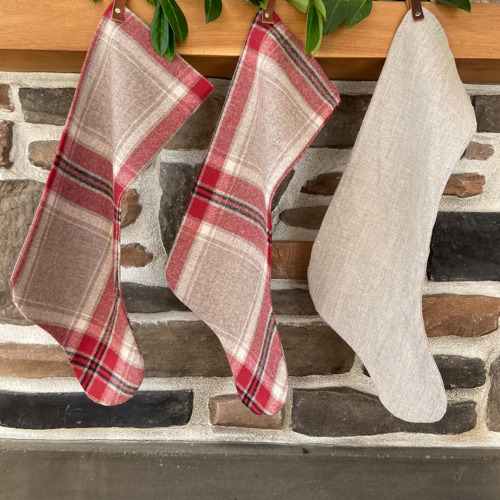 Wool christmas stocking baby/puppy Burnt red tan black plaid leather hanging tabs handmade