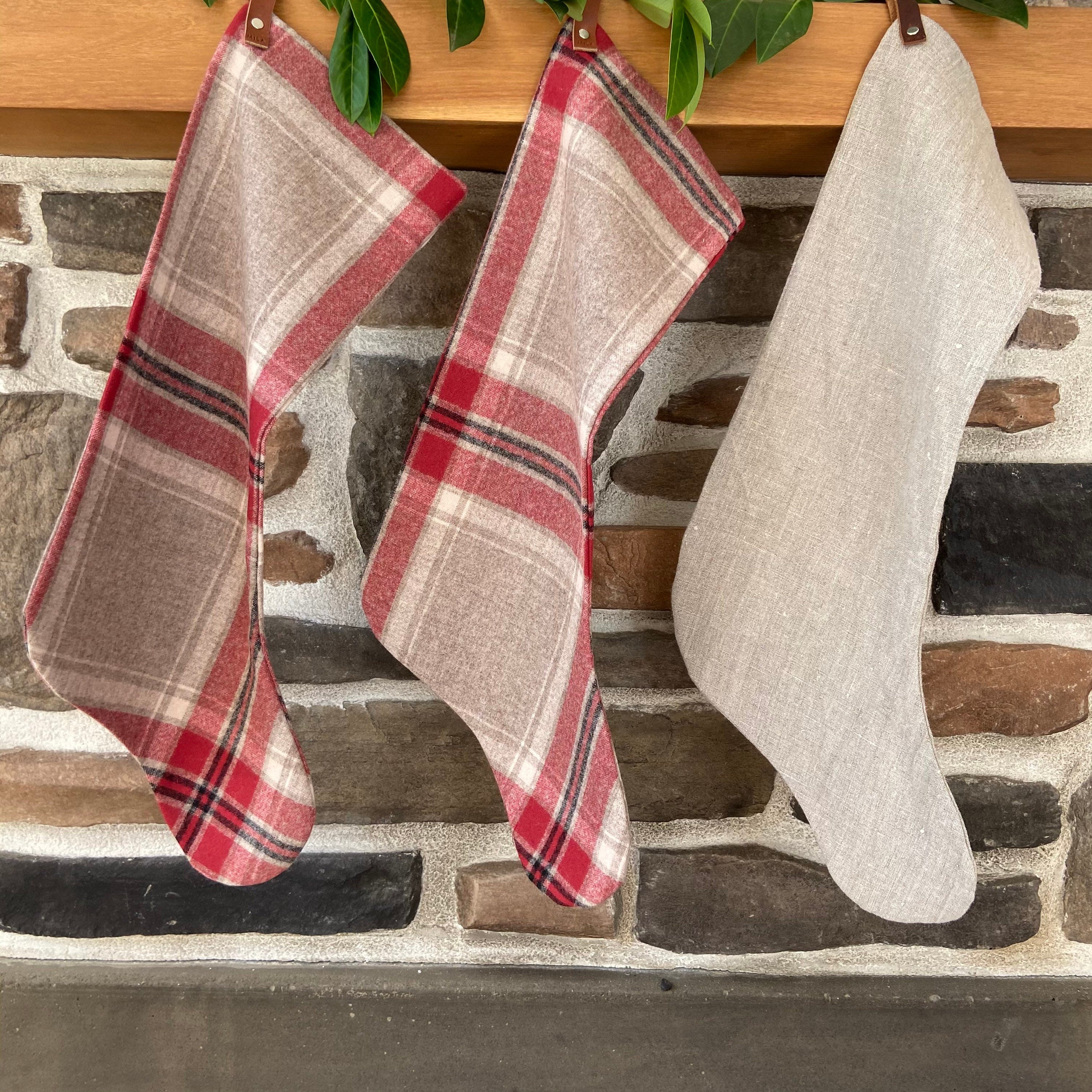 Wool christmas stocking baby/puppy Burnt red tan black plaid leather hanging tabs handmade