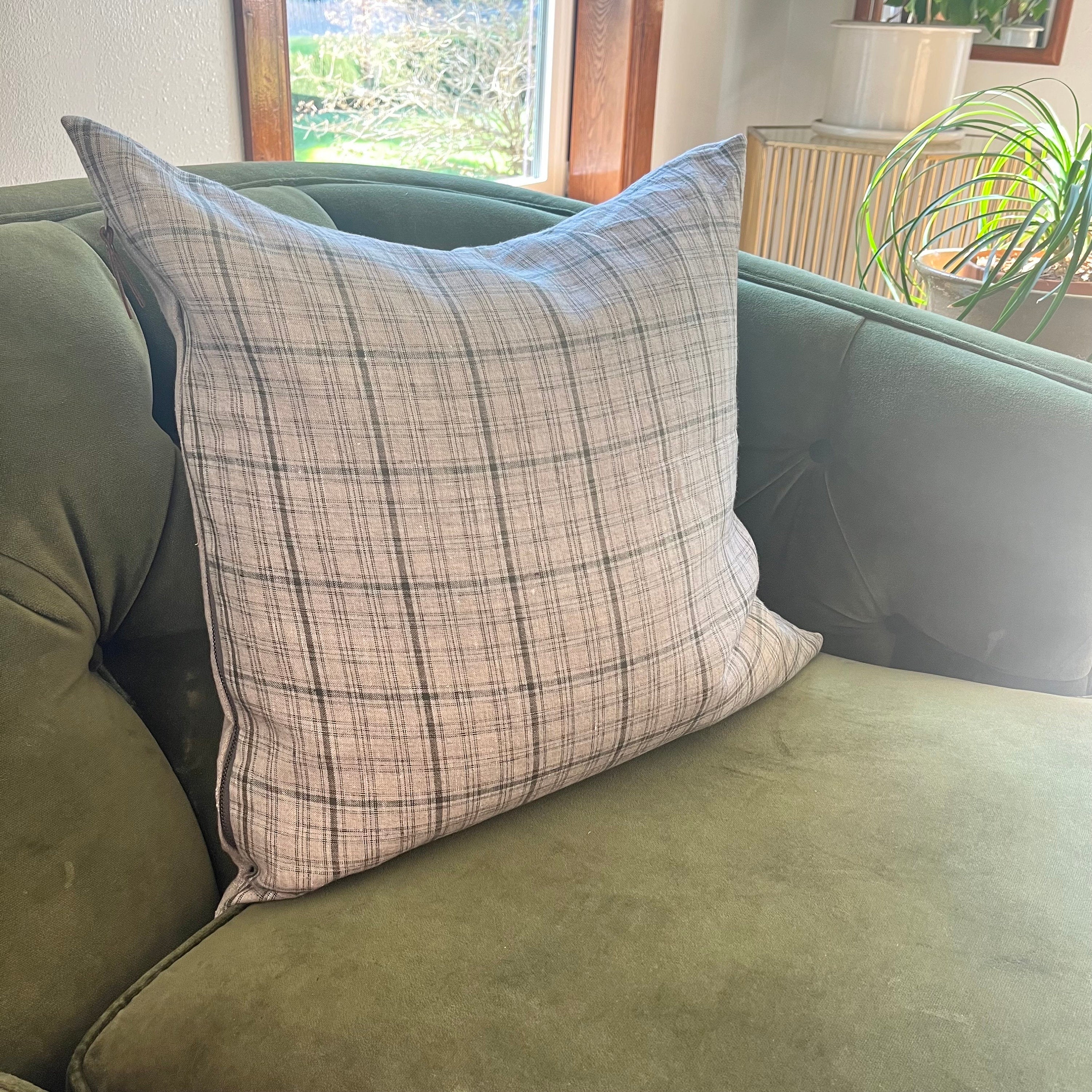 Plaid Linen Pillow Cover: Tan Green Throw Pillow with Leather Pull