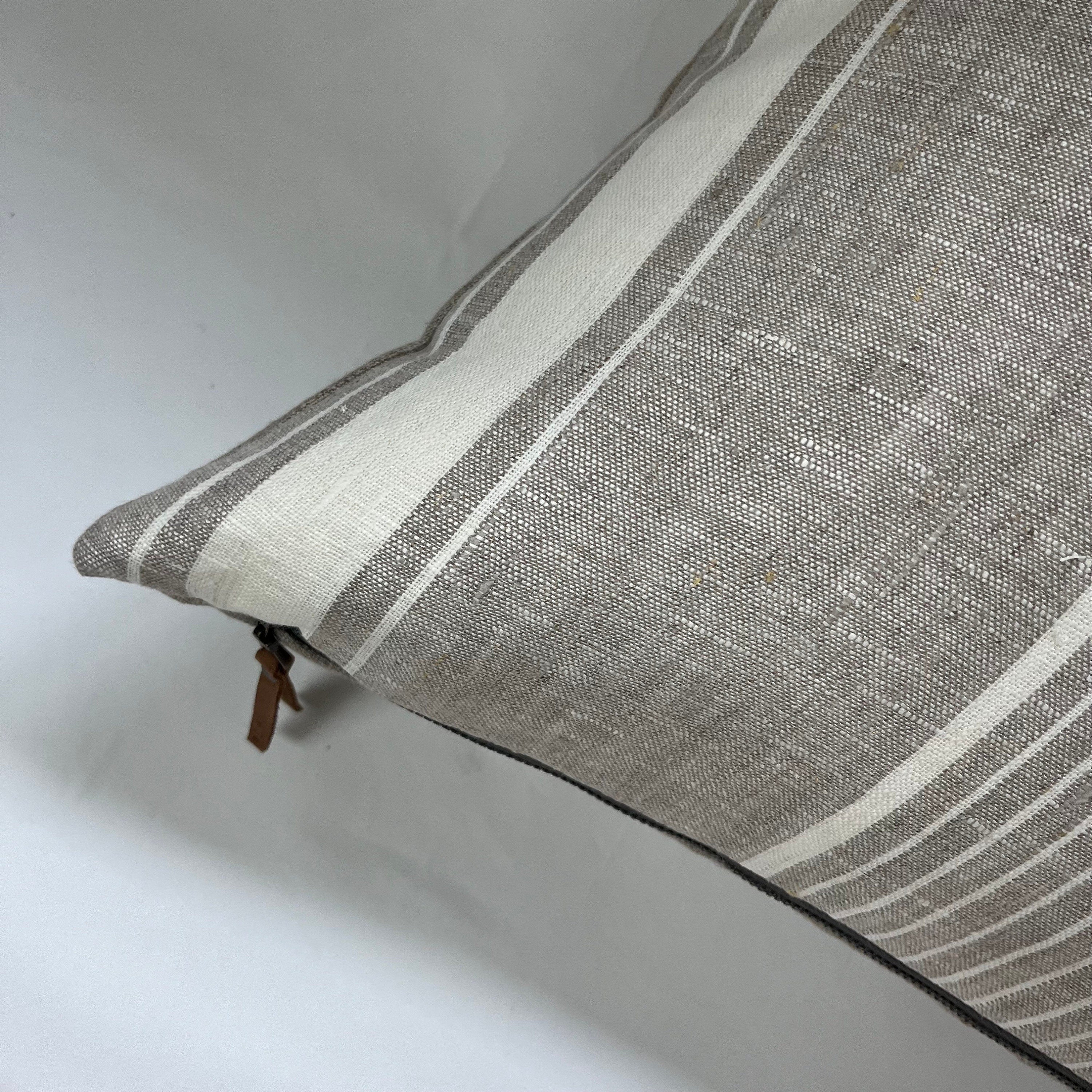 Striped Linen Pillow Cover: Charcoal Gray, Leather Pull - 18x18