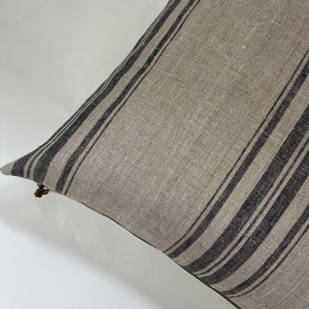 Striped Linen Pillow Cover: Charcoal Gray, Leather Pull - 18x18