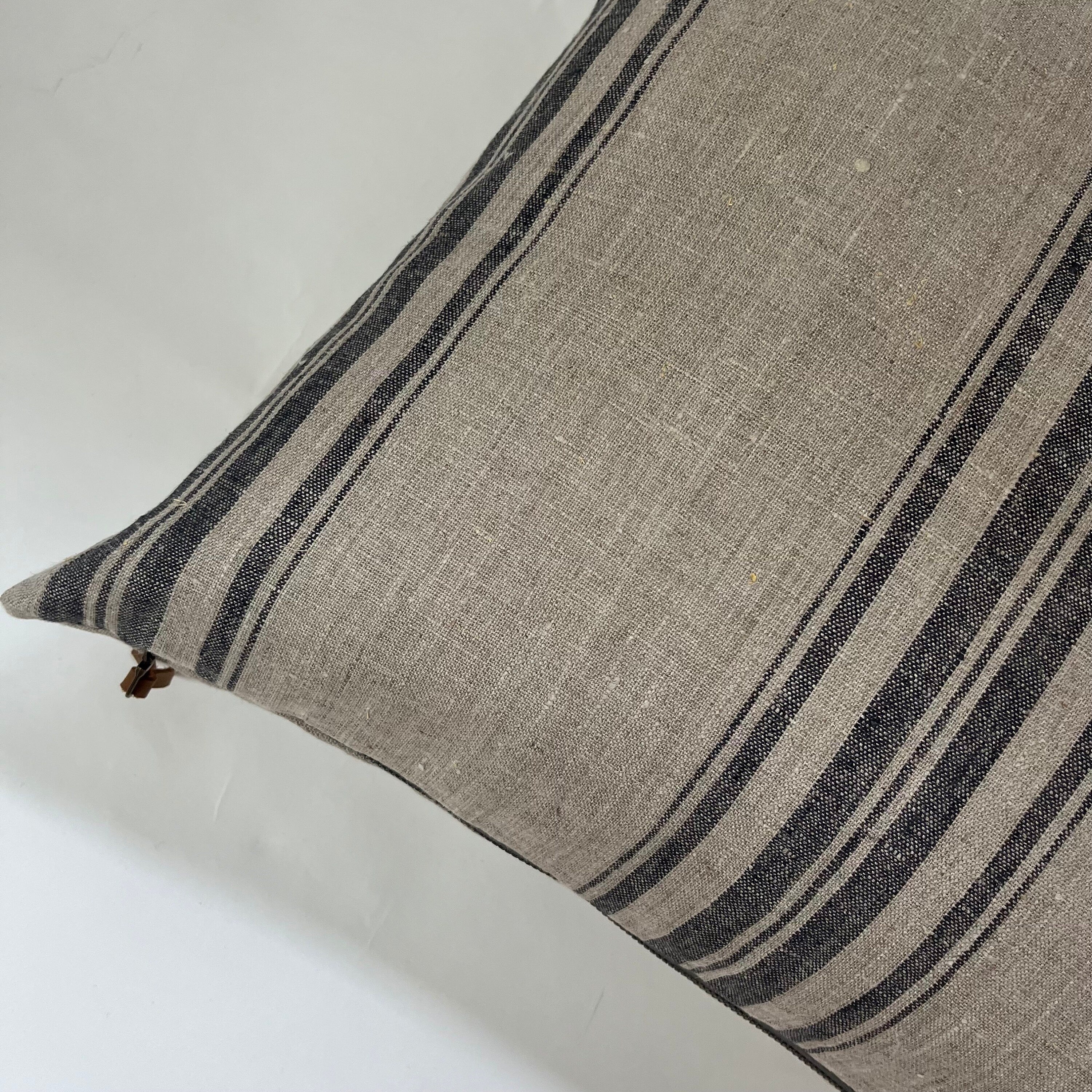 Striped Linen Pillow Cover: Charcoal Gray, Leather Pull - 18x18