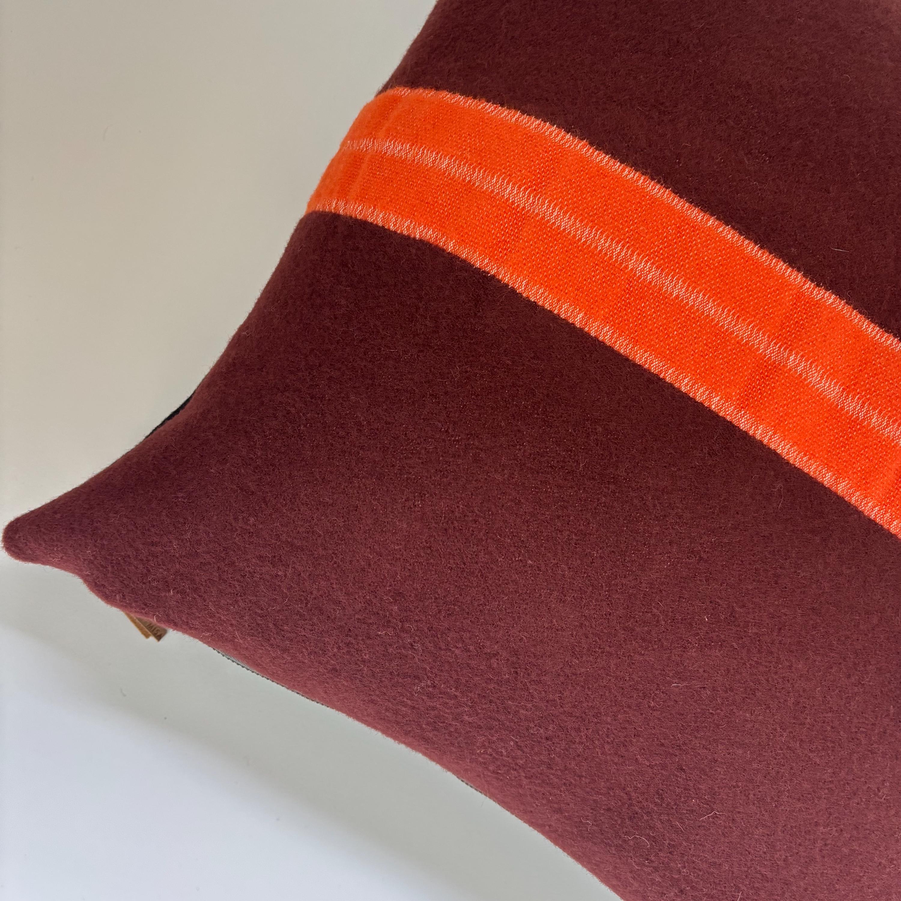 maroon wool pillow with an orange stripe 18” winter wool exposed zipper striped pillow housewarming gift