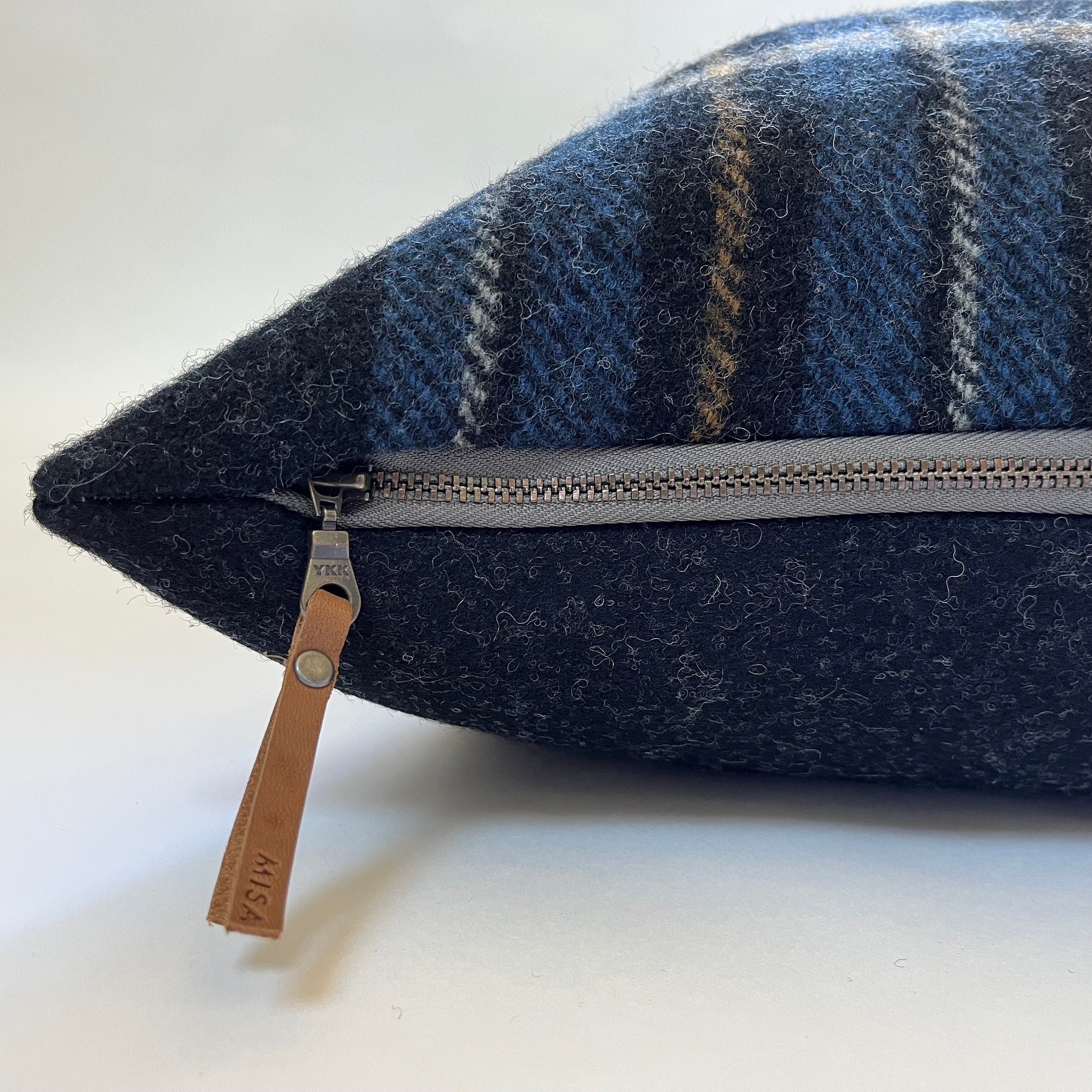 Black blue gold plaid wool pillow cover exposed zipper-leather pull 24"20"22" 14x24 handmade