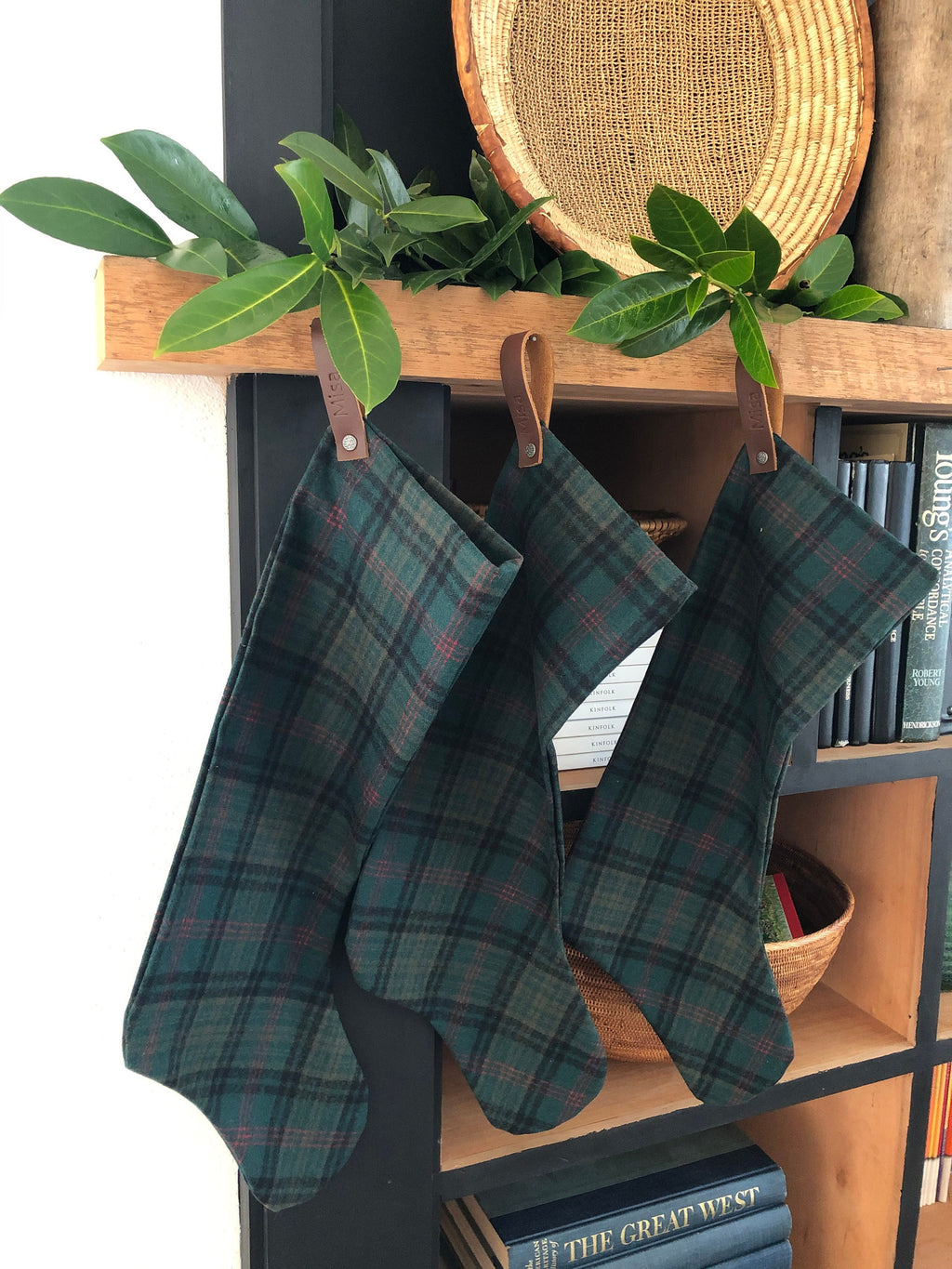 Wool christmas stocking baby/puppy Burnt red tan black plaid leather hanging tabs handmade