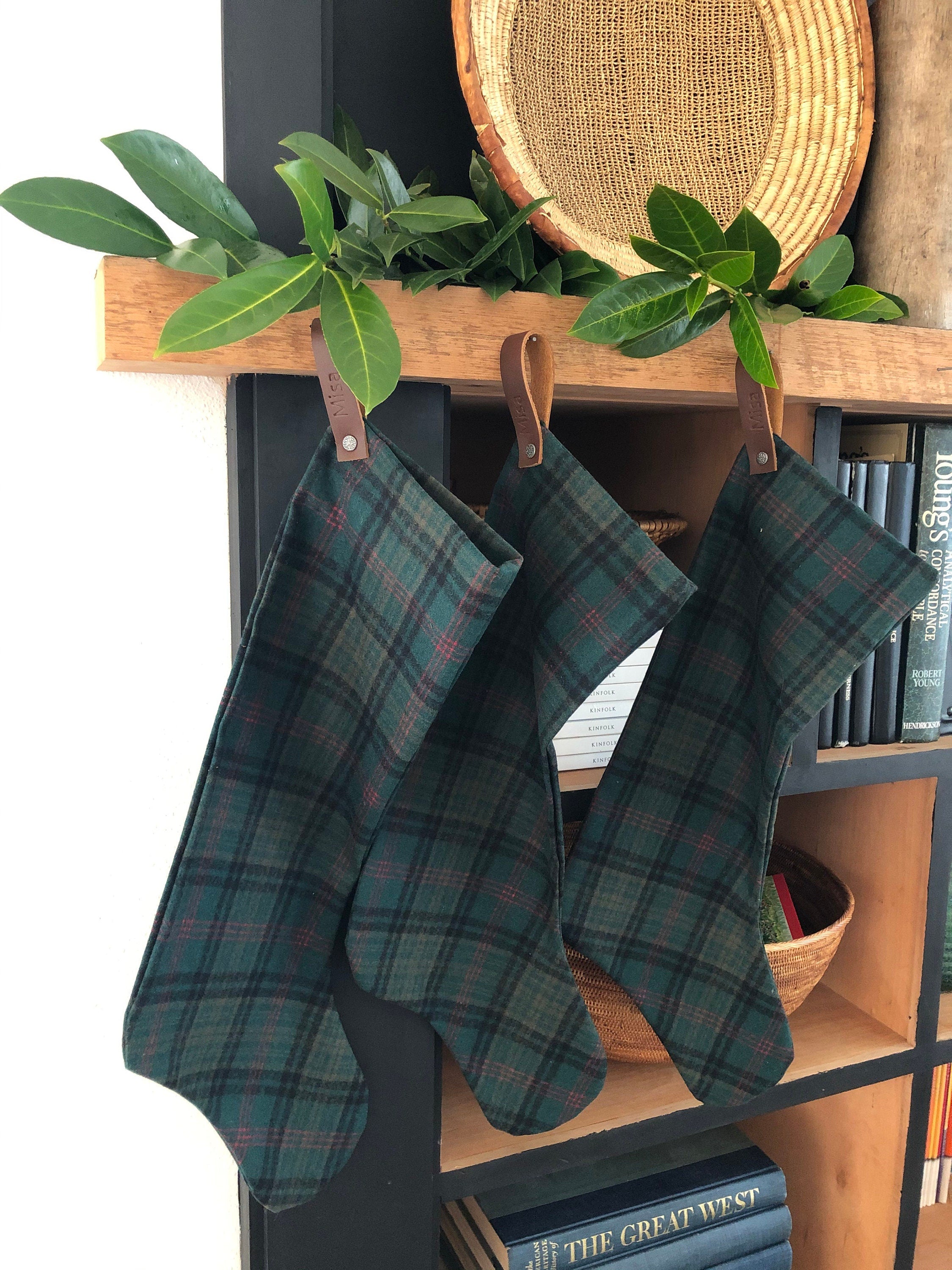 Wool christmas stocking baby/puppy Burnt red tan black plaid leather hanging tabs handmade
