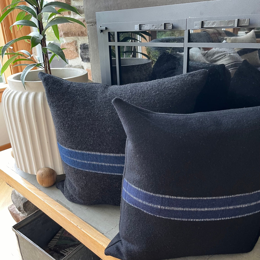 Wool Pillow Gray Plaid Throw Pillow with Blue Stripe
