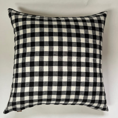 Black and white gingham plaid linen pillow exposed zipper checkered pillow leather pull 24” 20” 22" 14x24” 100% linen