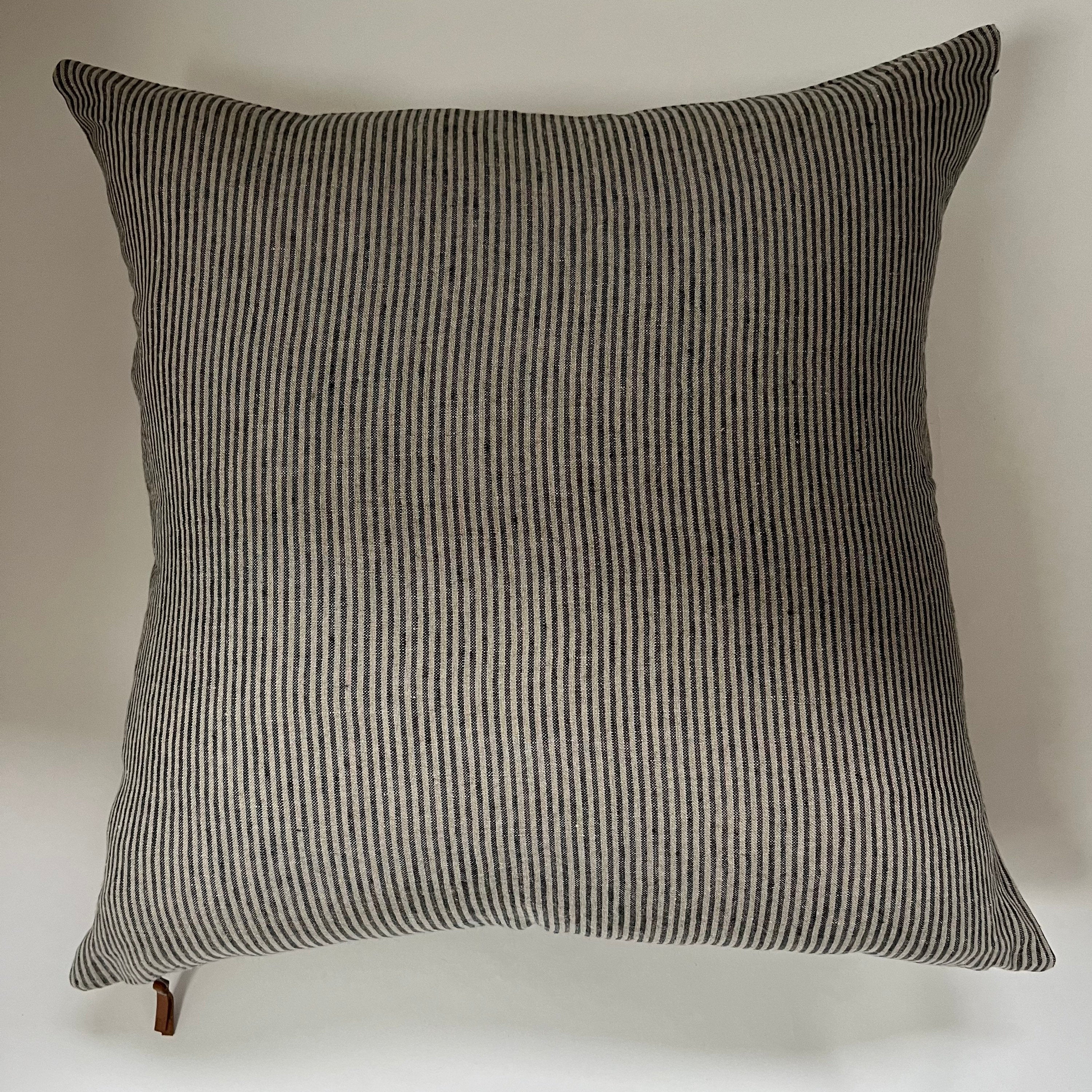 Black and tan pinstriped linen pillow cover gray striped pillow exposed zipper-leather pull 14x24 20” 22” 24” high quality housewarming gift
