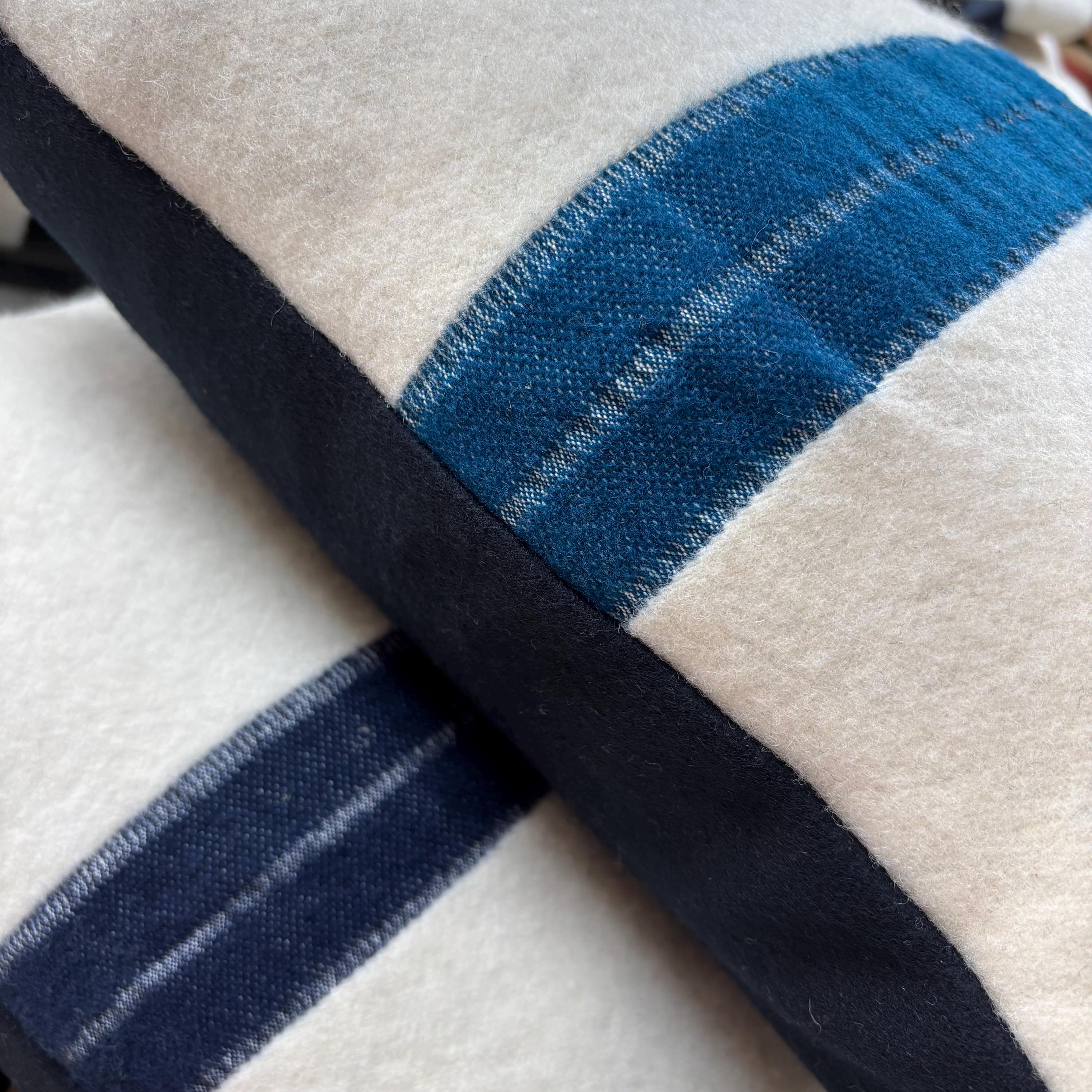 Handcrafted Cream Wool Pillow: Turquoise Stripe, Leather Zipper Pull