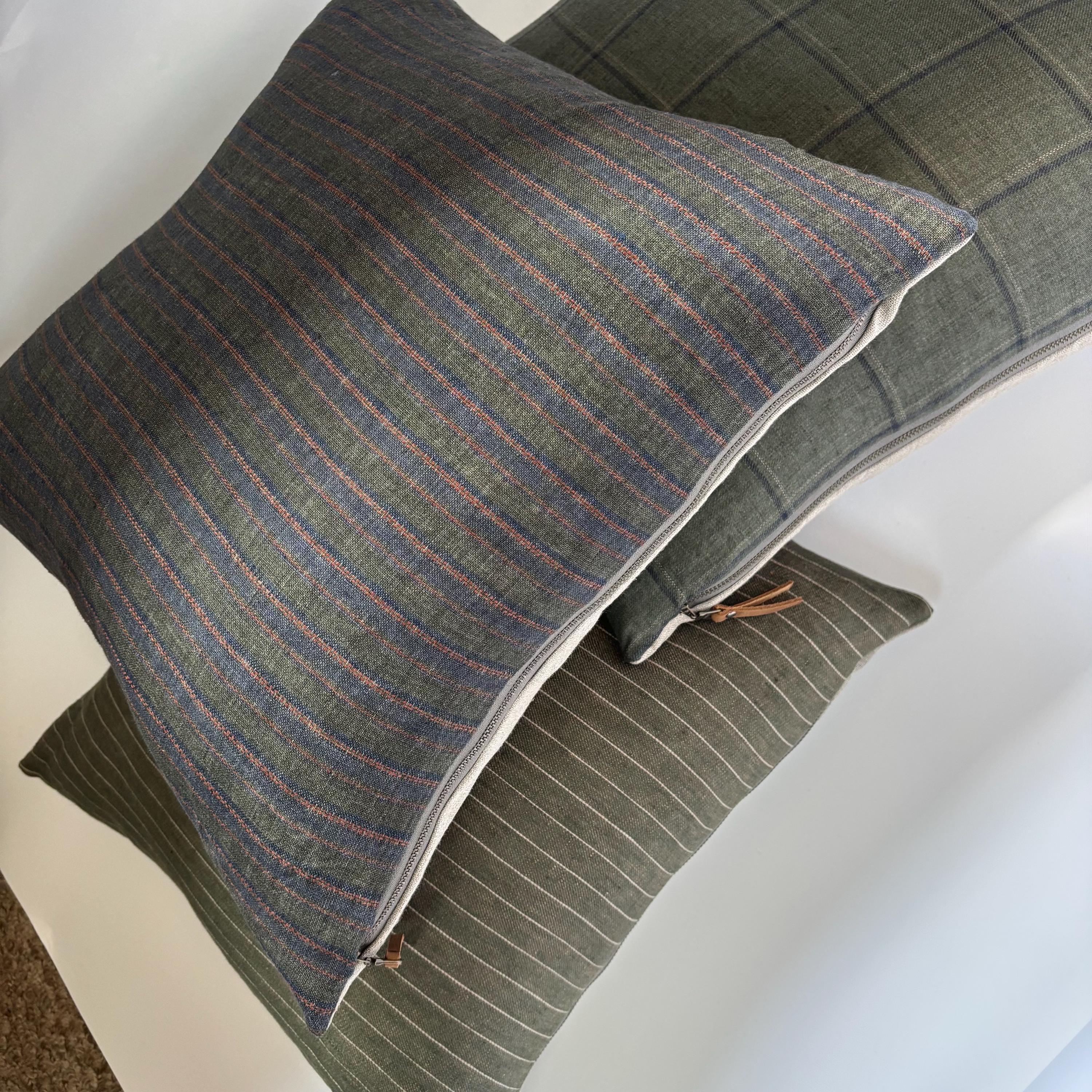 Striped Linen Pillow Cover: Green and tan with Leather Zipper Pull housewarming gift 18”20”22”24” 100 percent linen