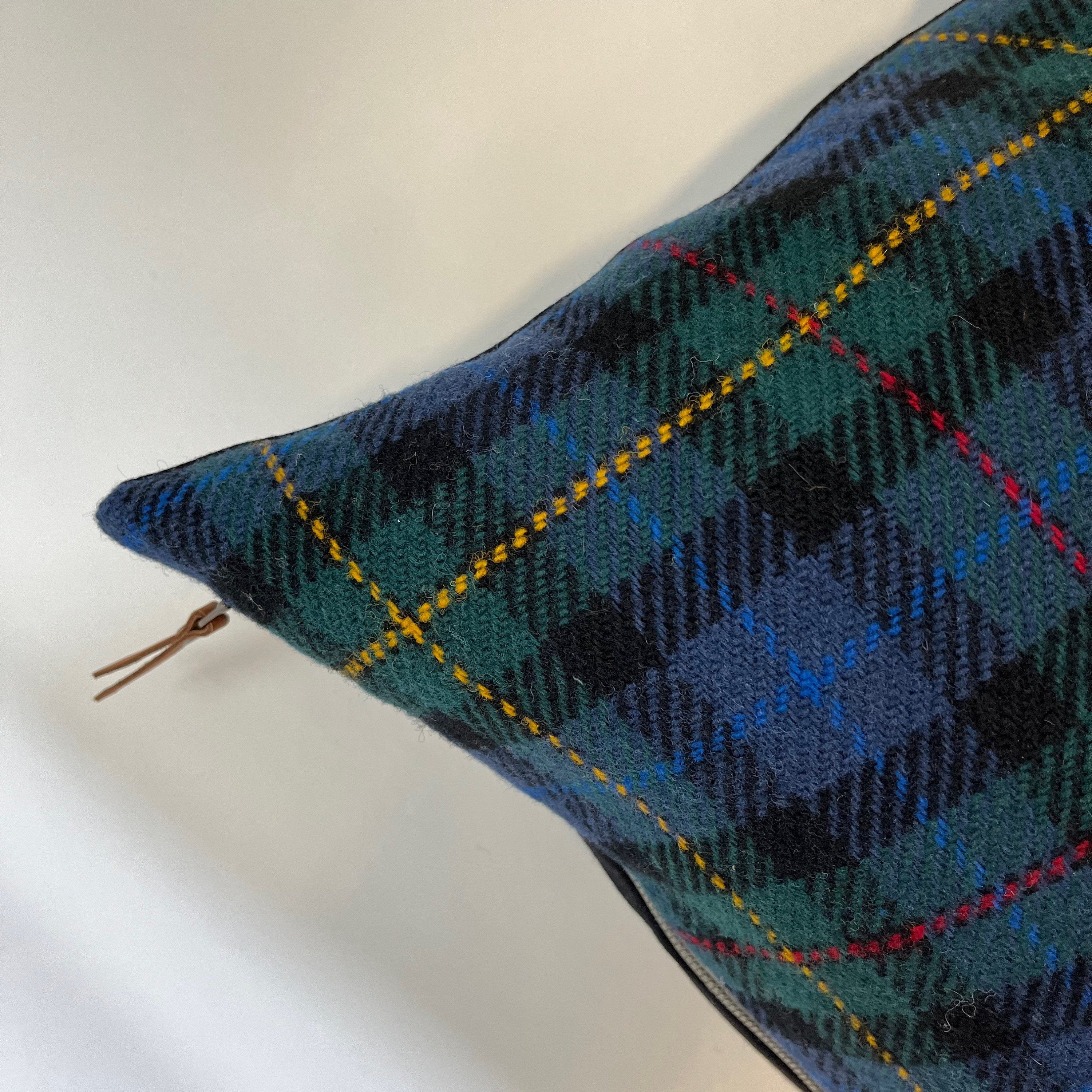 Navy plaid wool green and navy pillow cover exposed zipper-leather pull 18" Handcrafted by misa housewarming gift