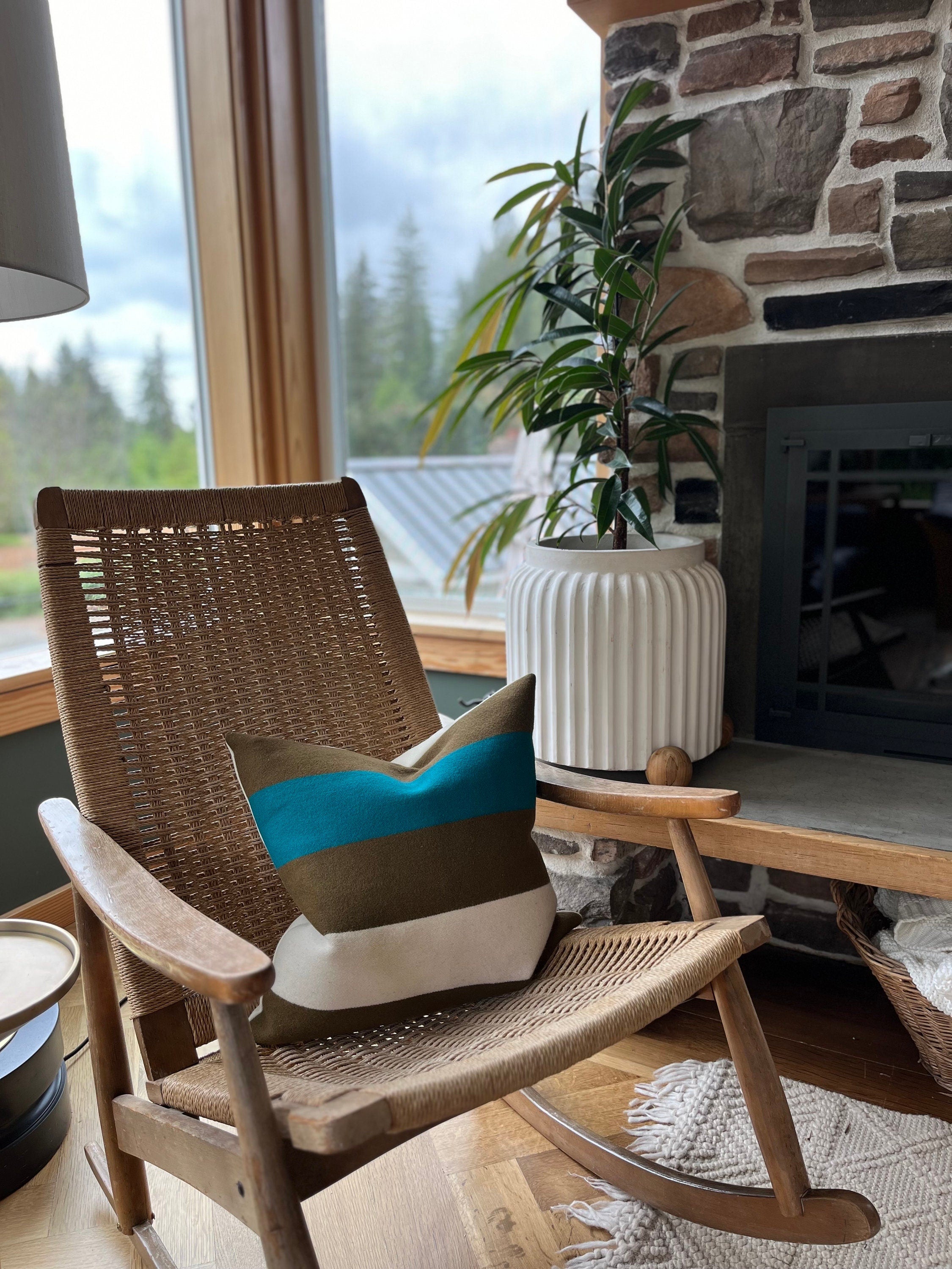 Wool Pillow Cover: Striped Olive Green, Cream and Turquoise 18”