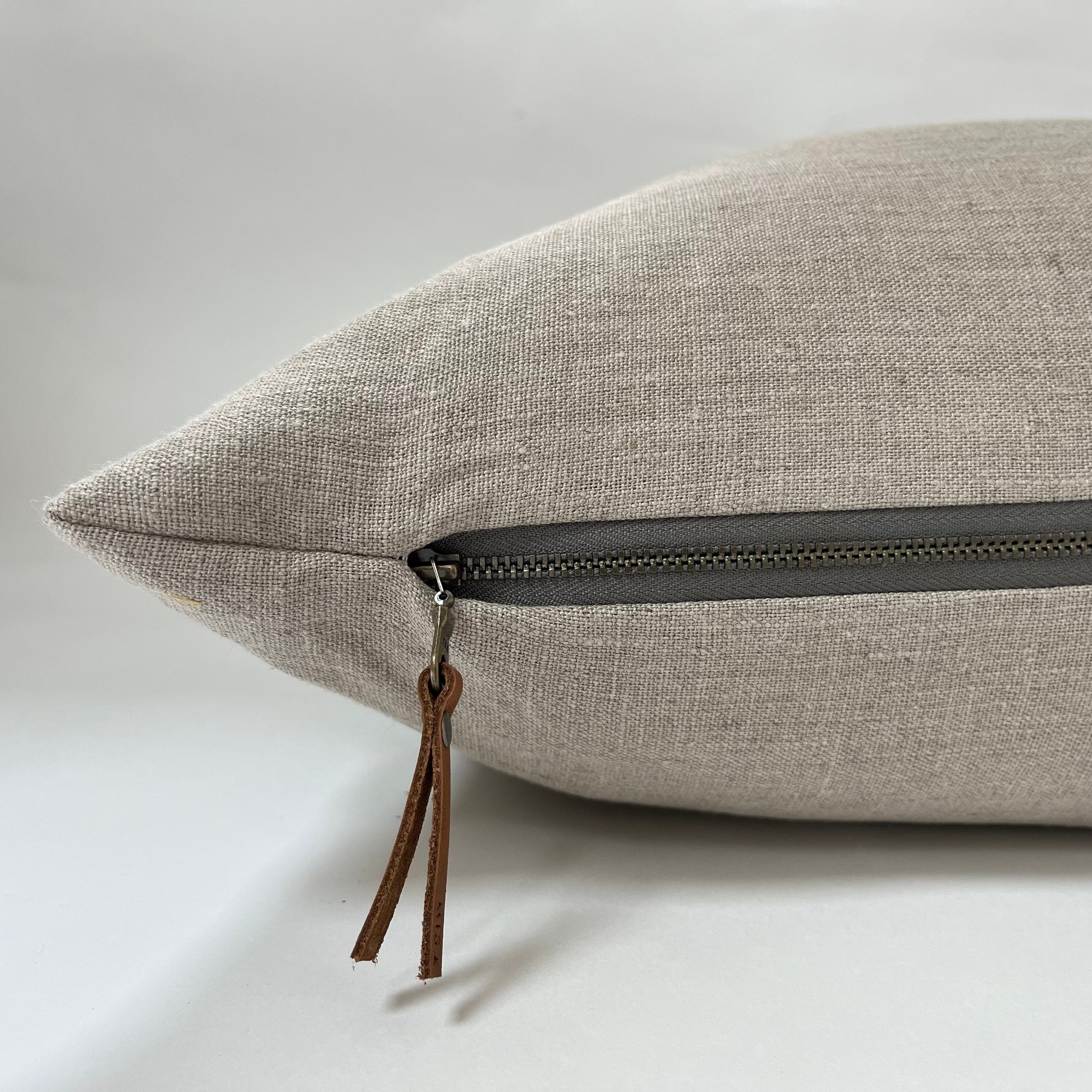 Natural Linen Pillow Cover: Exposed Zipper, Leather Pull (20x20, 24x24, 14x24 Lumbar)